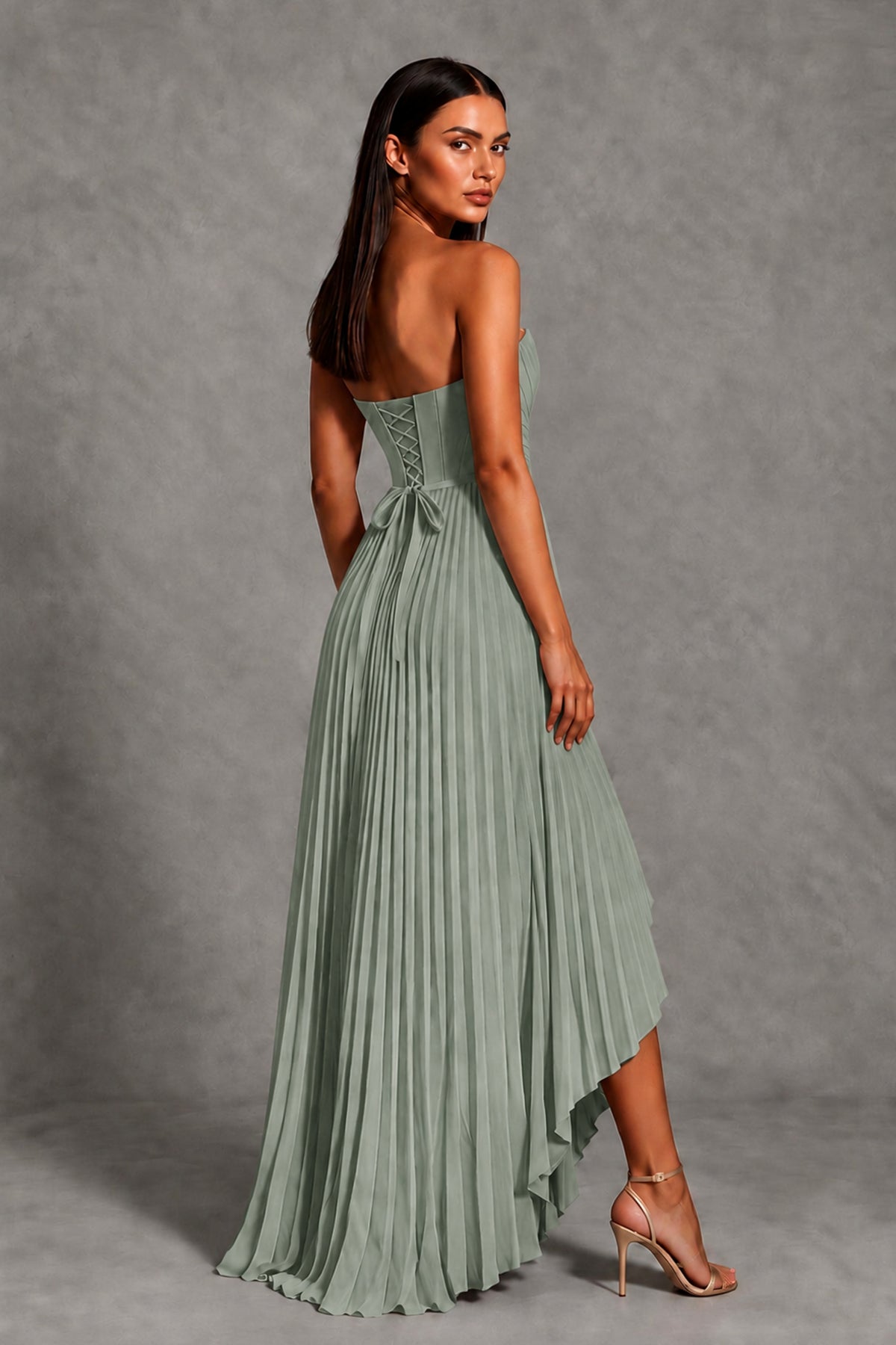 Dusty Sage Strapless Pleated High-Low Evening Gown with Ruffle Hem - Dusty Sage - Dusty_Sage_2