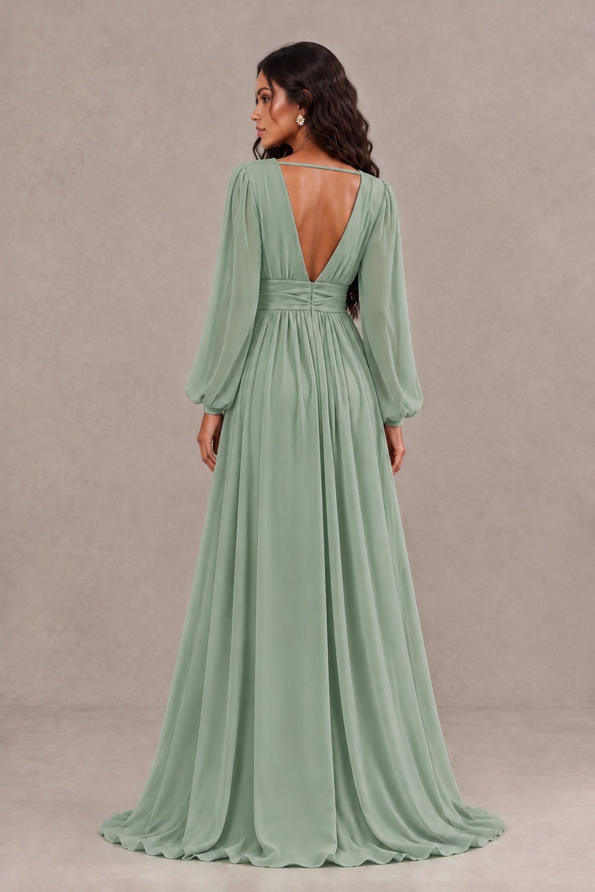 BOLODOO Dusty Sage Long Sleeve V-Neck A-Line Gown with Open Back & Slit - Dusty Sage - Dusty Sage_2