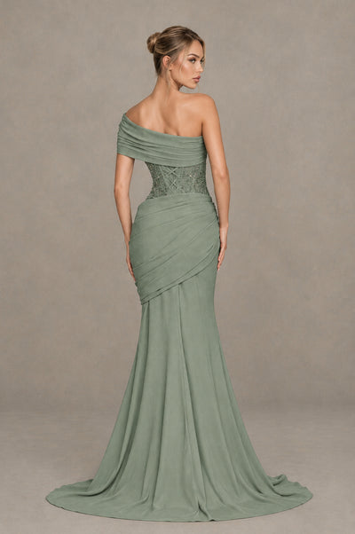 BOLODOO Dusty Sage One-Shoulder Sequin Embroidered Ruched Mermaid Gown with Train - Dusty Sage - Dusty Sage_2