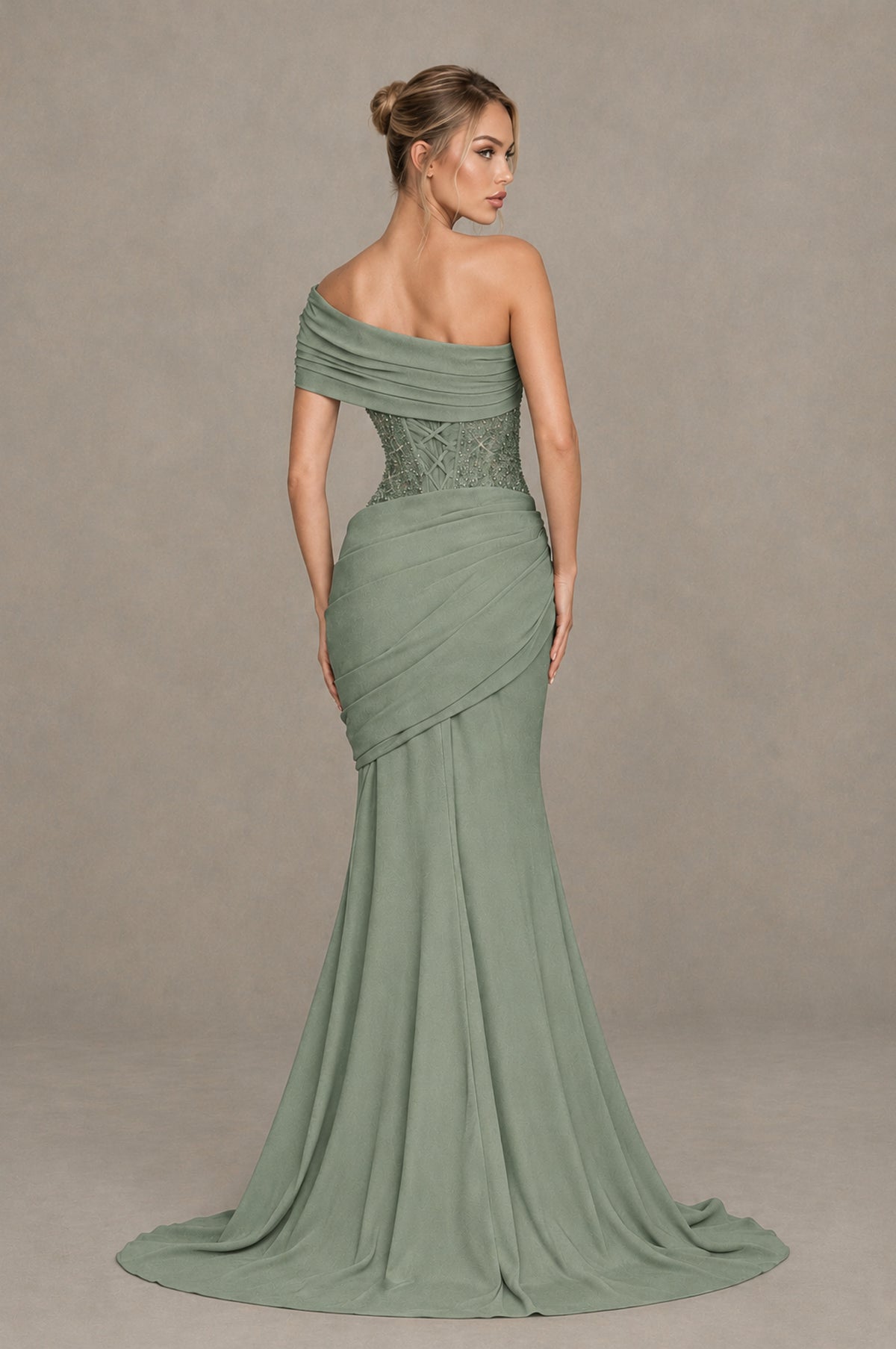 BOLODOO Dusty Sage One-Shoulder Sequin Embroidered Ruched Mermaid Gown with Train - Dusty Sage - Dusty Sage_2