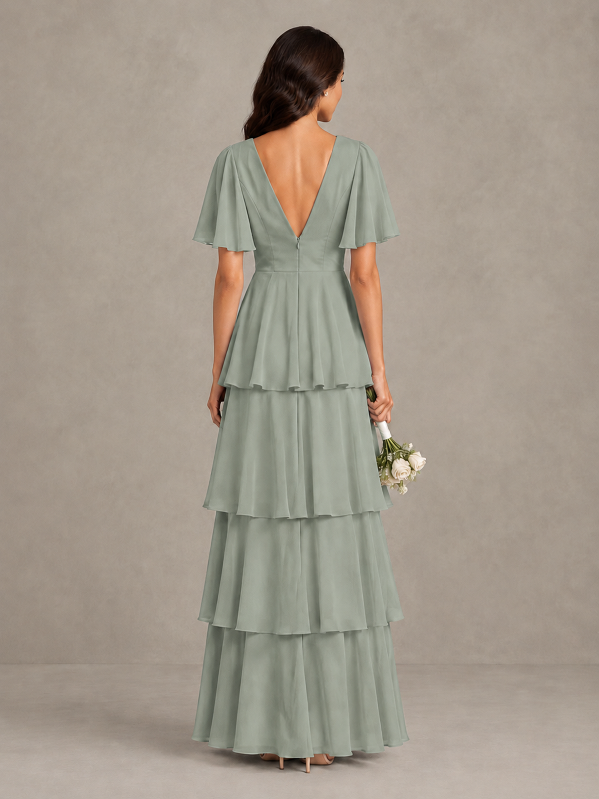 BOLODOO Dusty Sage Tiered Flutter Sleeve Bridesmaid Dress - Dusty Sage - Dusty Sage_2