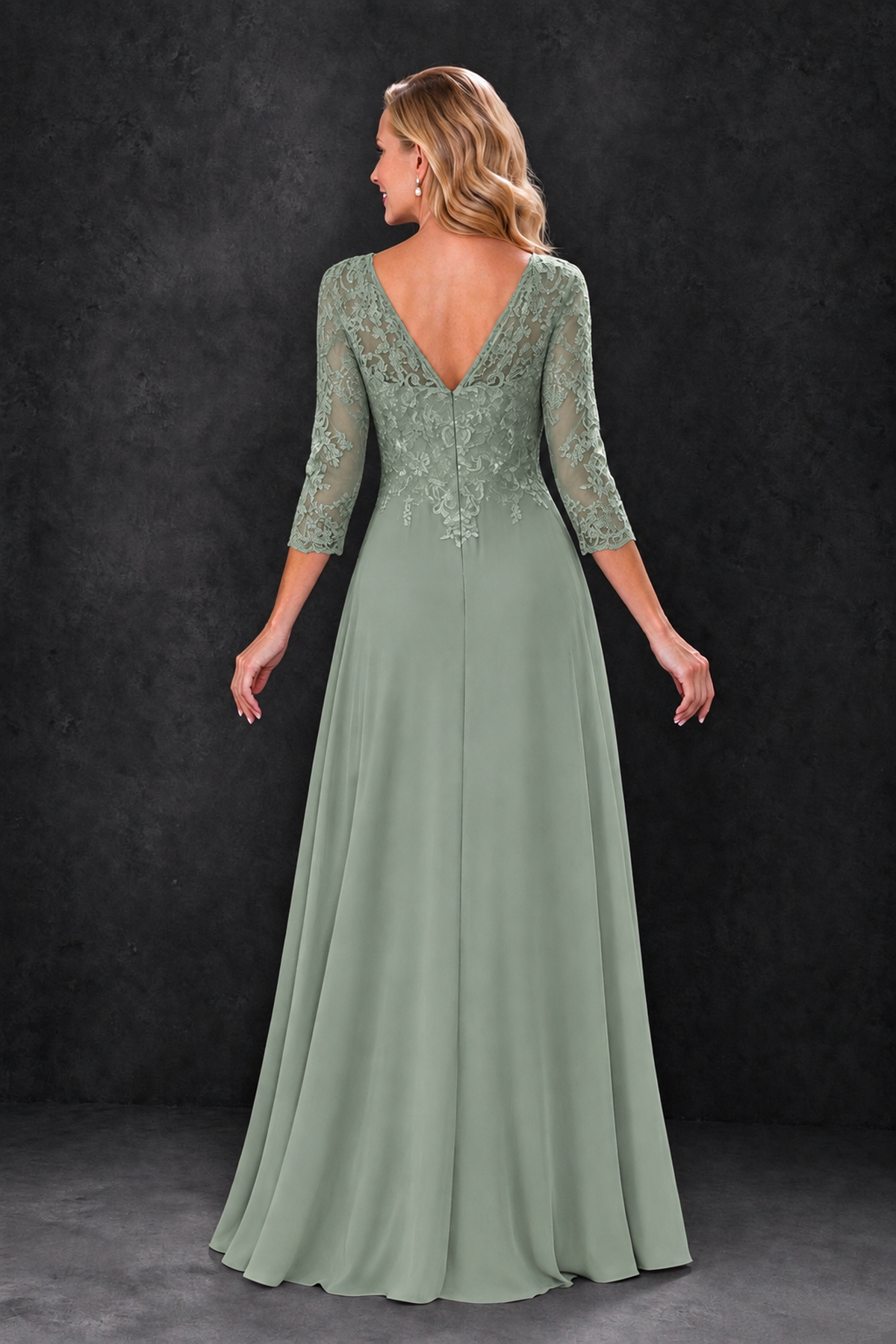 BOLODOO Dusty Sage Lace Embroidered Mother of the Bride Dress with 3/4 Sleeves - Dusty Sage - Dusty Sage_2