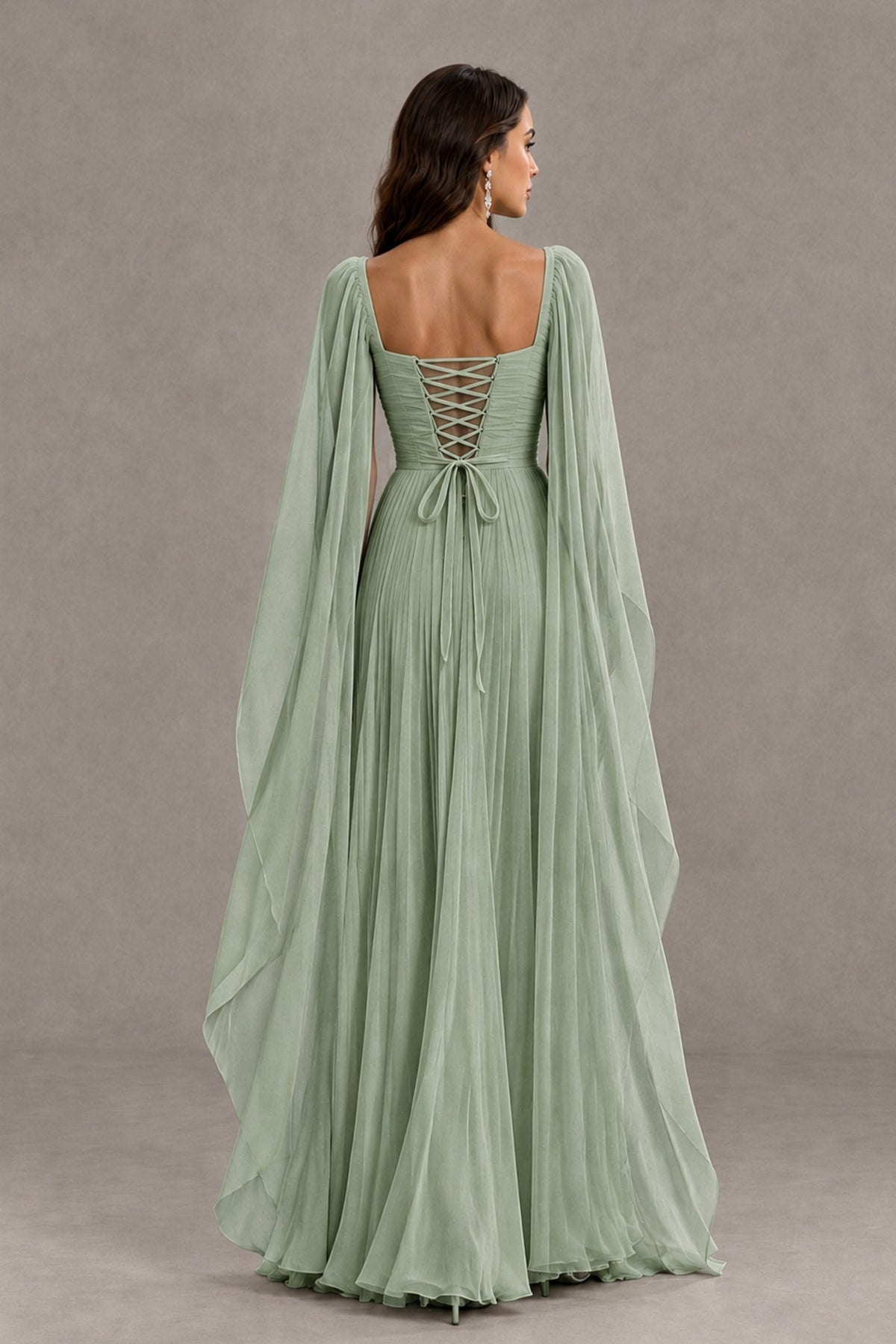 BOLODOO Dusty Sage Square Neck Cape Sleeve A-Line Evening Dress - Dusty Sage - Dusty_Sage_2