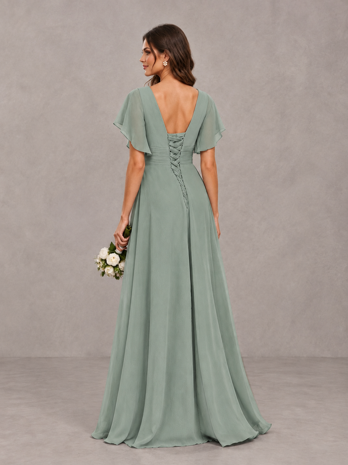 BOLODOO Dusty Sage Flutter Sleeve V-Neck Bridesmaid Dress with Ruffle Slit - Dusty Sage - Dusty Sage_2