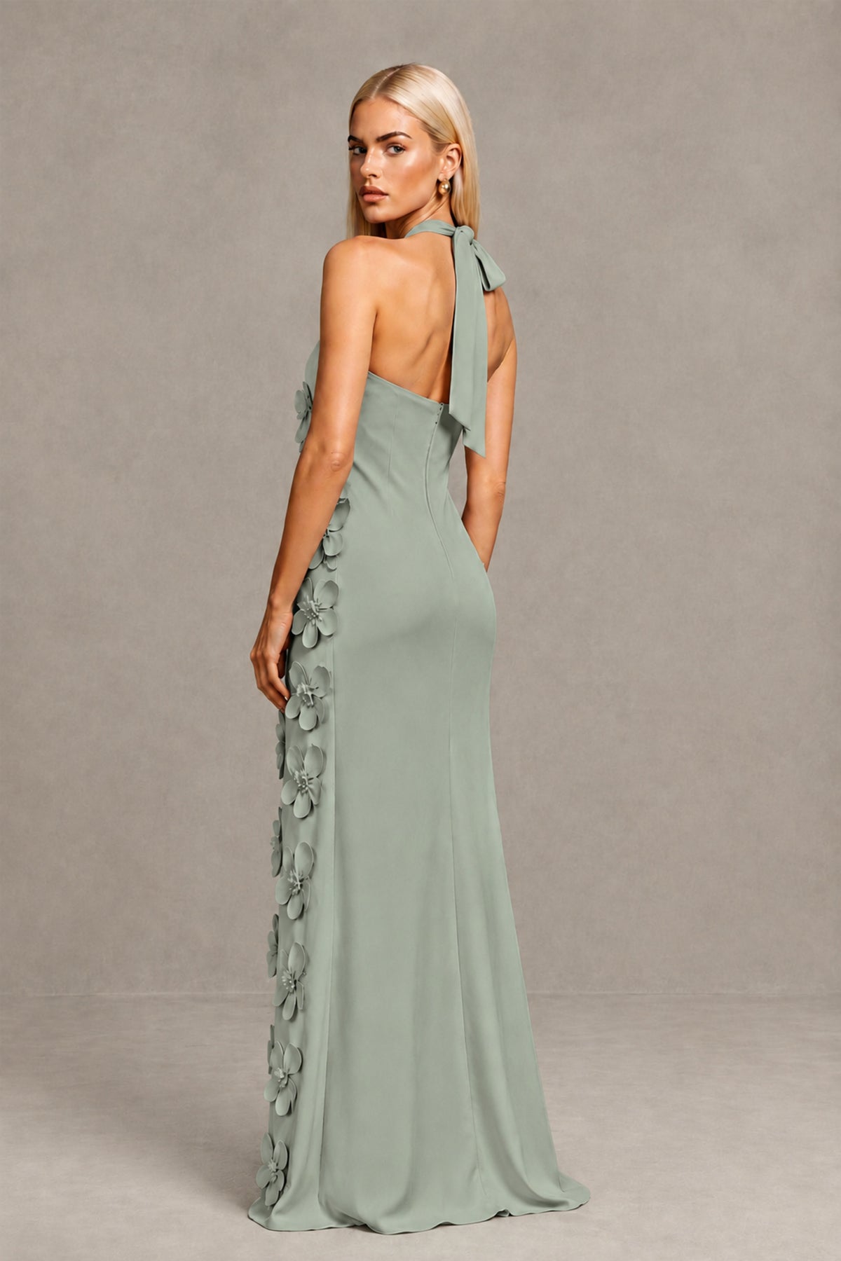 BOLODOO Dusty Sage Cross Halter Neck 3D Floral Appliqué Backless Mermaid Maxi Gown - Dusty Sage - Dusty_Sage_2