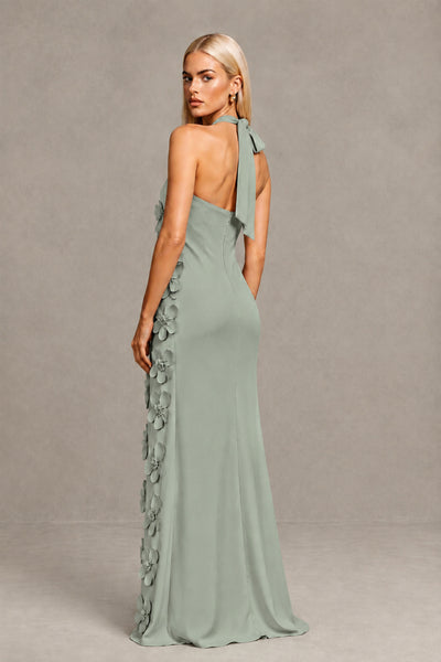 BOLODOO Dusty Sage Cross Halter Neck 3D Floral Appliqué Backless Mermaid Maxi Gown - Dusty Sage - Dusty_Sage_2