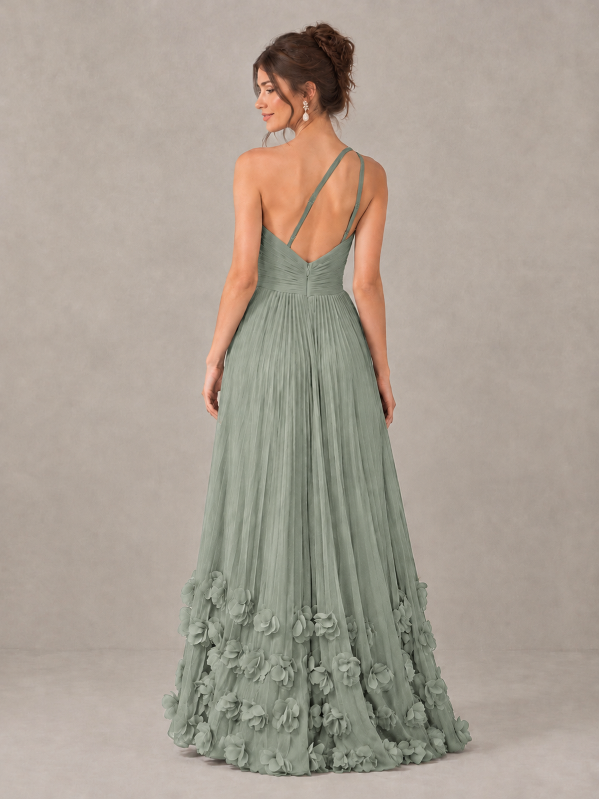 BOLODOO Dusty Sage One-Shoulder Pleated Bridesmaid Dress with 3D Floral Hem - Dusty Sage - Dusty Sage_2