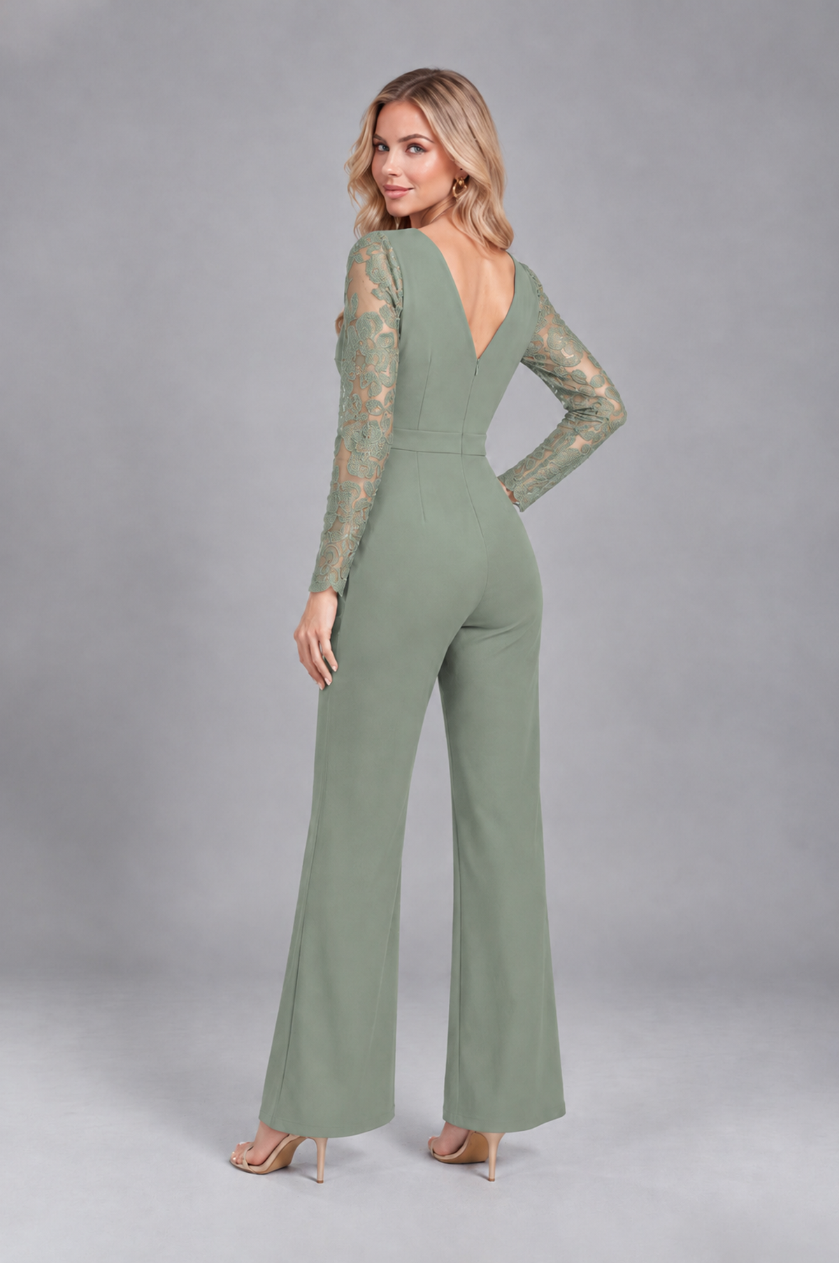 BOLODOO Dusty Sage Lace Long-Sleeve V-Neck Mother Pant Suit - Dusty Sage - Dusty Sage_2