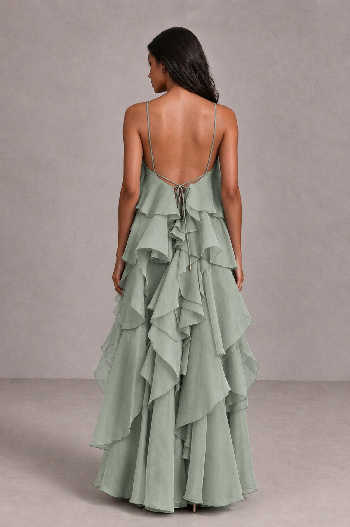 BOLODOO Dusty Sage Cascading Ruffle Rosette Open-Back Maxi Dress - Dusty Sage - Dusty Sage_2