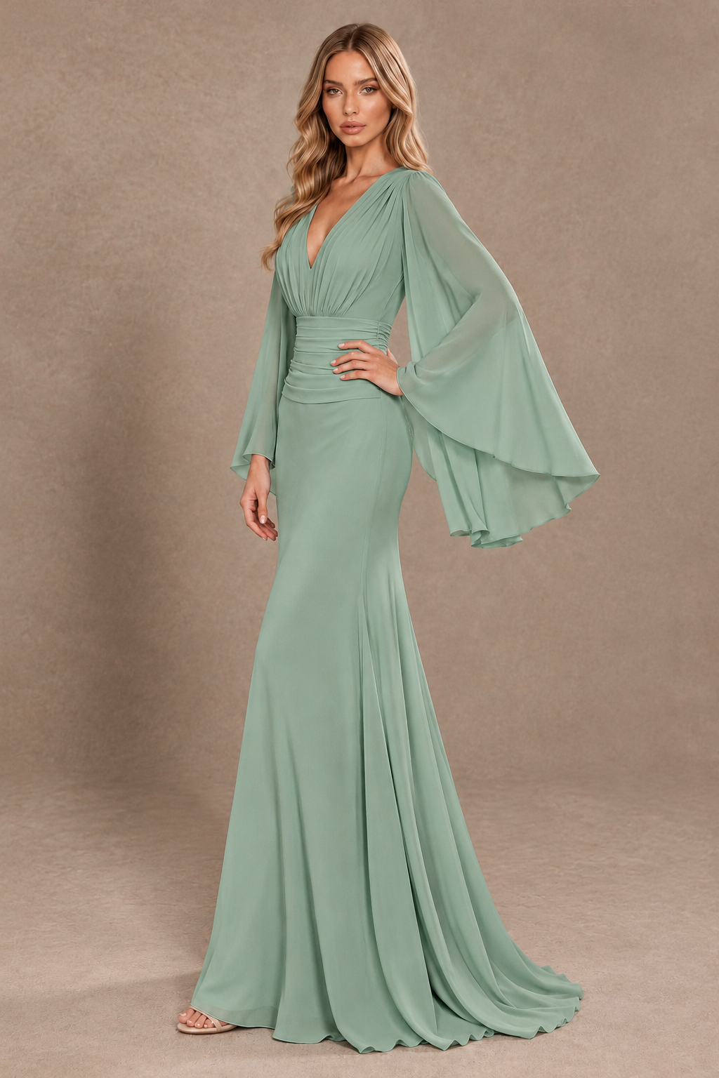 BOLODOO Dusty Sage Cape Sleeve V-Neck Ruched Chiffon Evening Dress - Dusty Sage - Dusty Sage_2