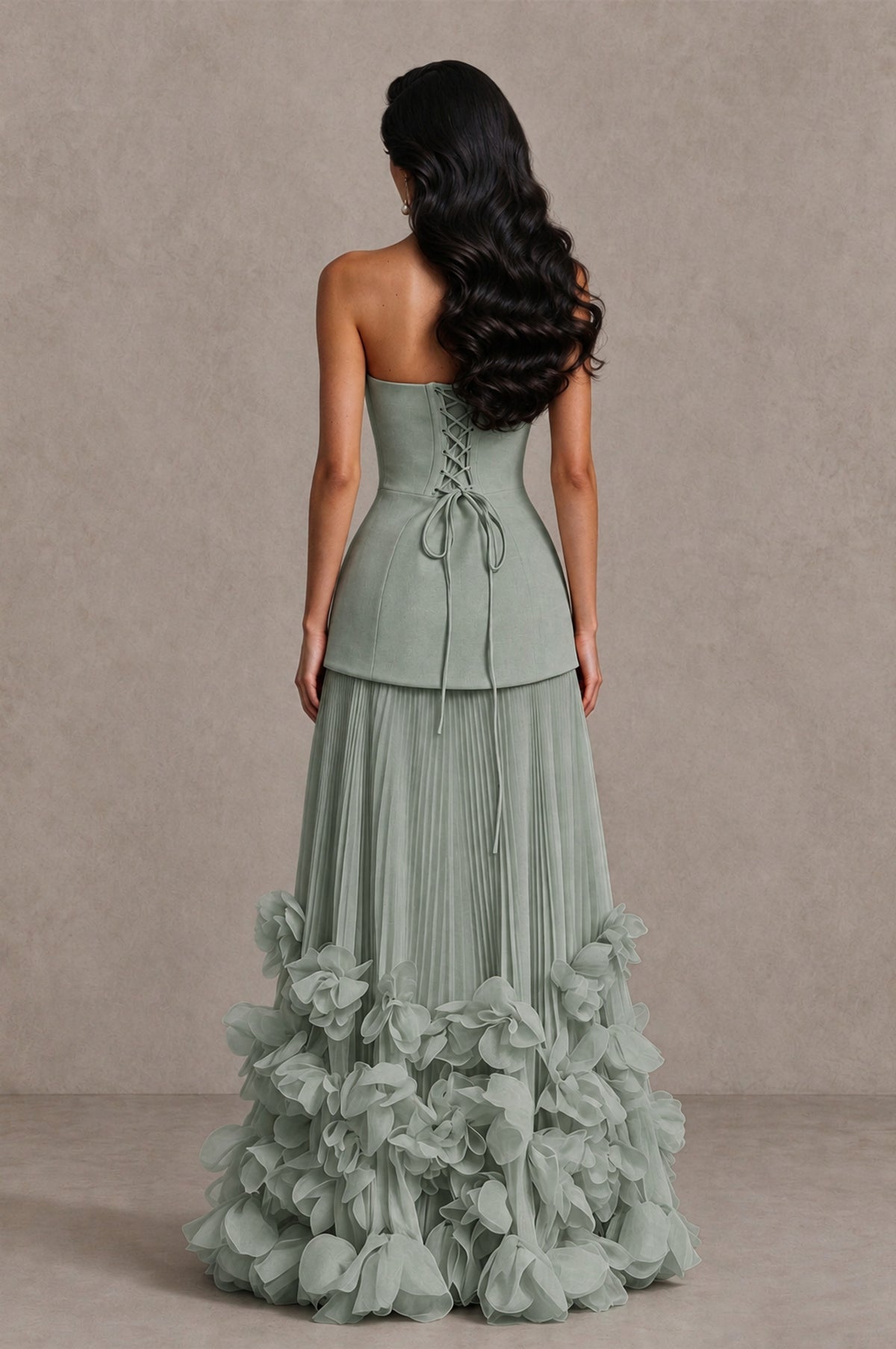 BOLODOO Dusty Sage Strapless Pleated Floral Hem Evening Gown - Dusty Sage - Dusty Sage_2