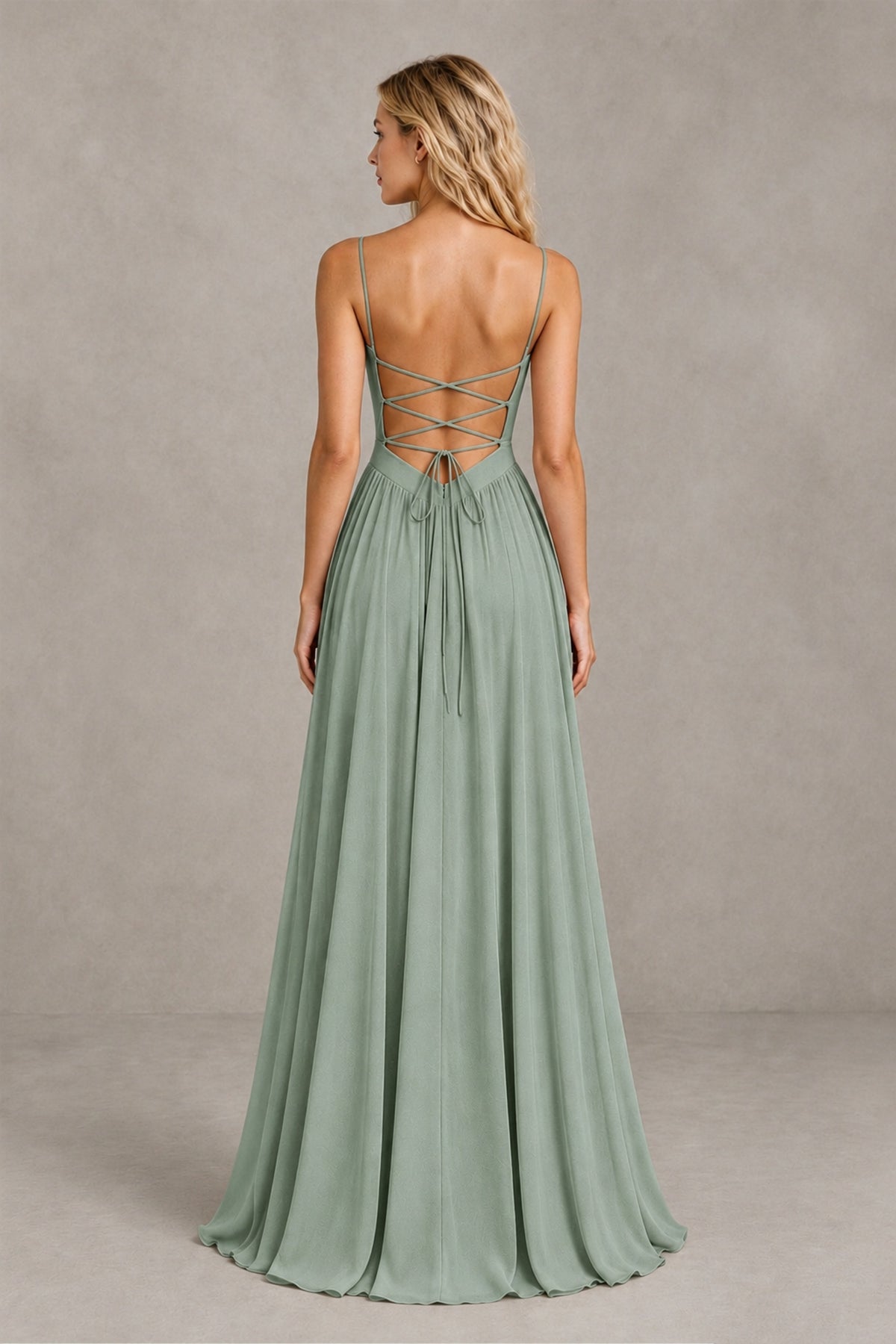 BOLODOO Dusty Sage Spaghetti Strap A-Line Bridesmaid Dress with Slit - Dusty Sage - Dusty Sage_2