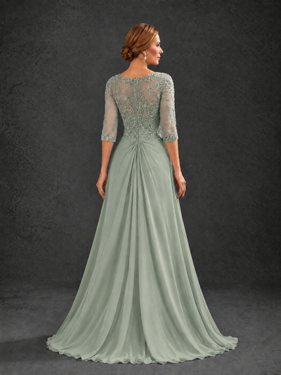 BOLODOO Dusty Sage Sweetheart Neck 3/4 Sleeve Floral Lace Illusion Bodice Chiffon A-Line Gown - Dusty Sage - Dusty Sage_2