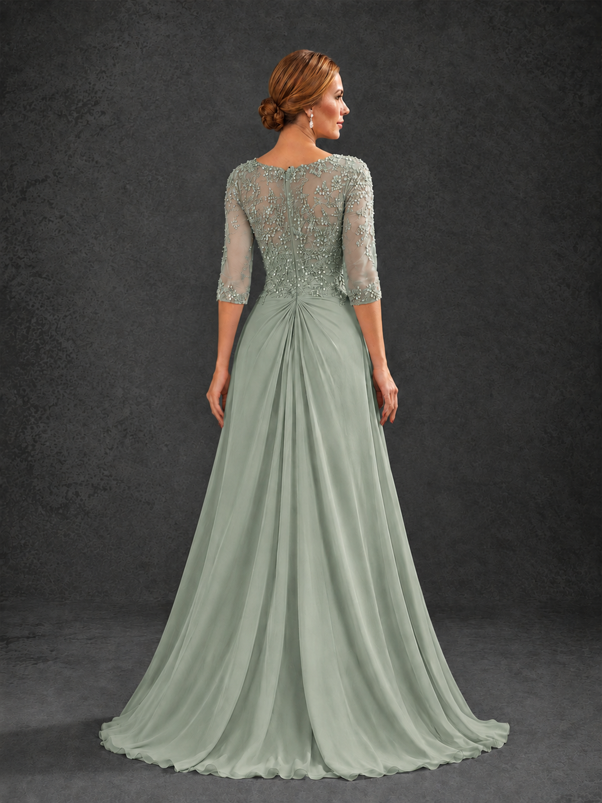 BOLODOO Dusty Sage Sweetheart Neck 3/4 Sleeve Floral Lace Illusion Bodice Chiffon A-Line Gown - Dusty Sage - Dusty Sage_2