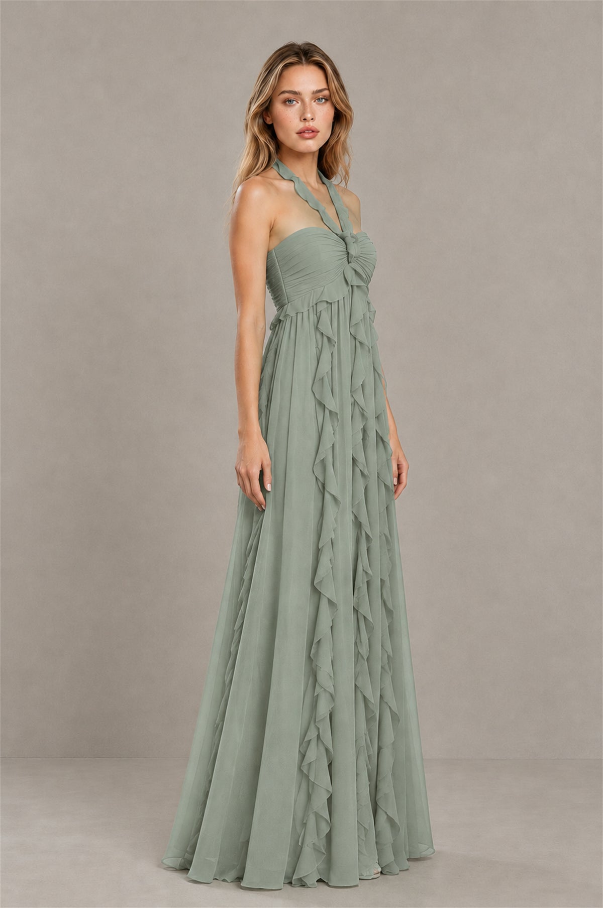 BOLODOO Dusty Sage Halter Ruffle A-Line Floor-Length Evening Dress - Dusty Sage - Dusty_Sage_3