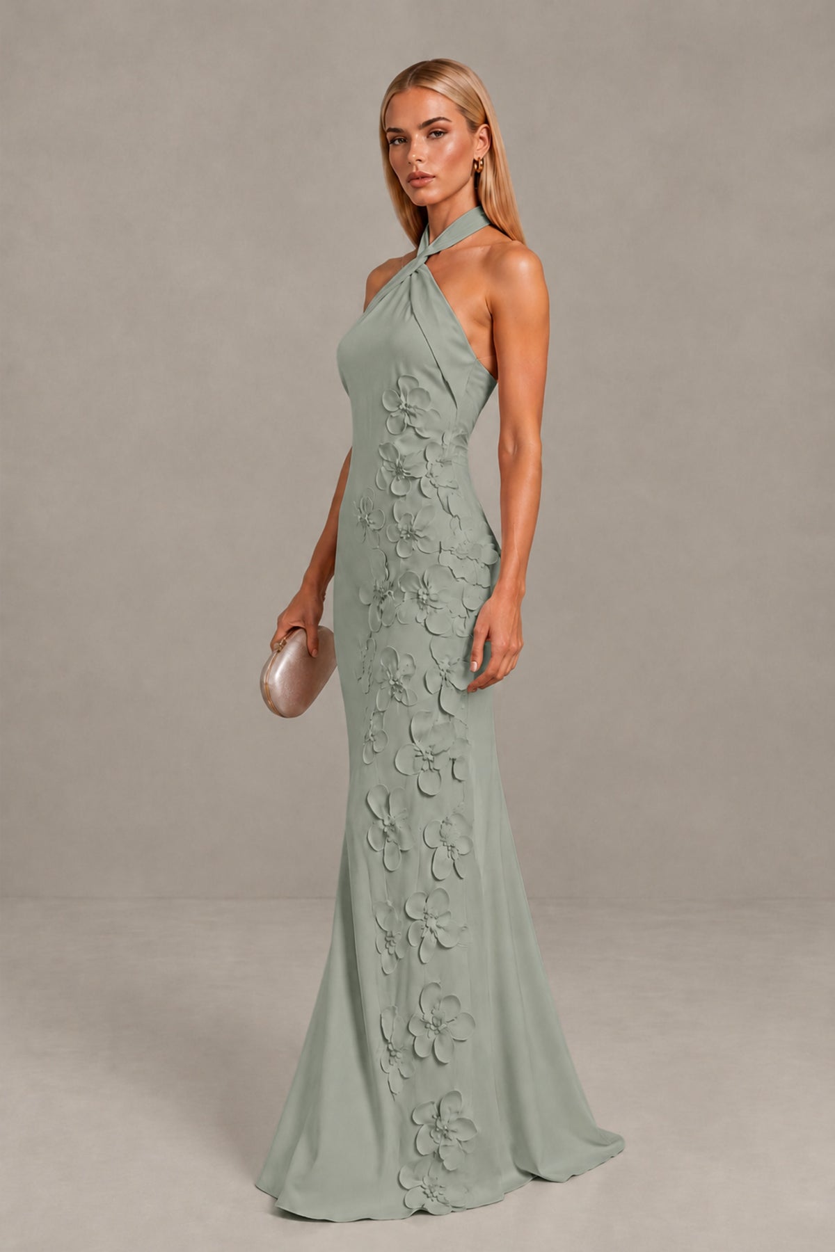 BOLODOO Dusty Sage Cross Halter Neck 3D Floral Appliqué Backless Mermaid Maxi Gown - Dusty Sage - Dusty_Sage_3