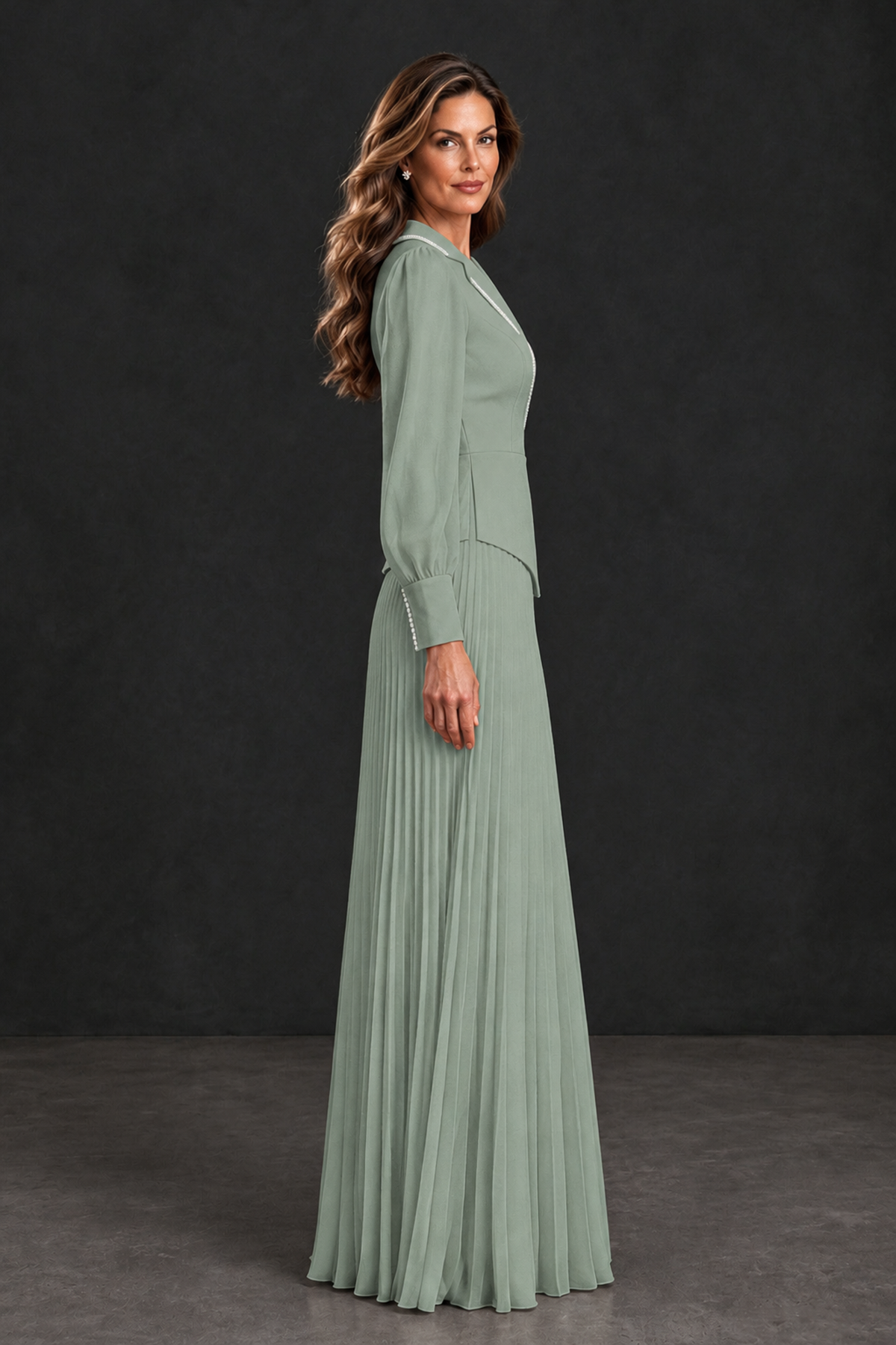 BOLODOO Dusty Sage Long Sleeve Pleated Mother of the Bride Dress - Dusty Sage - Dusty Sage_3