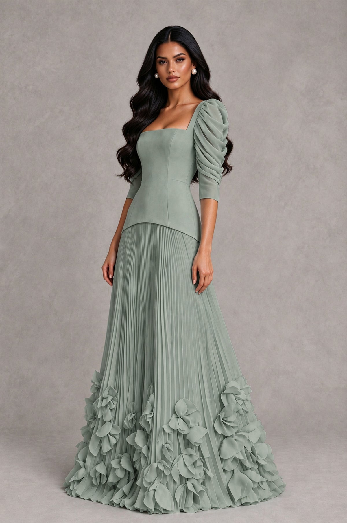 BOLODOO Dusty Sage Square Neck Pleated Floral Applique Evening Dress - Dusty Sage - Dusty Sage_3