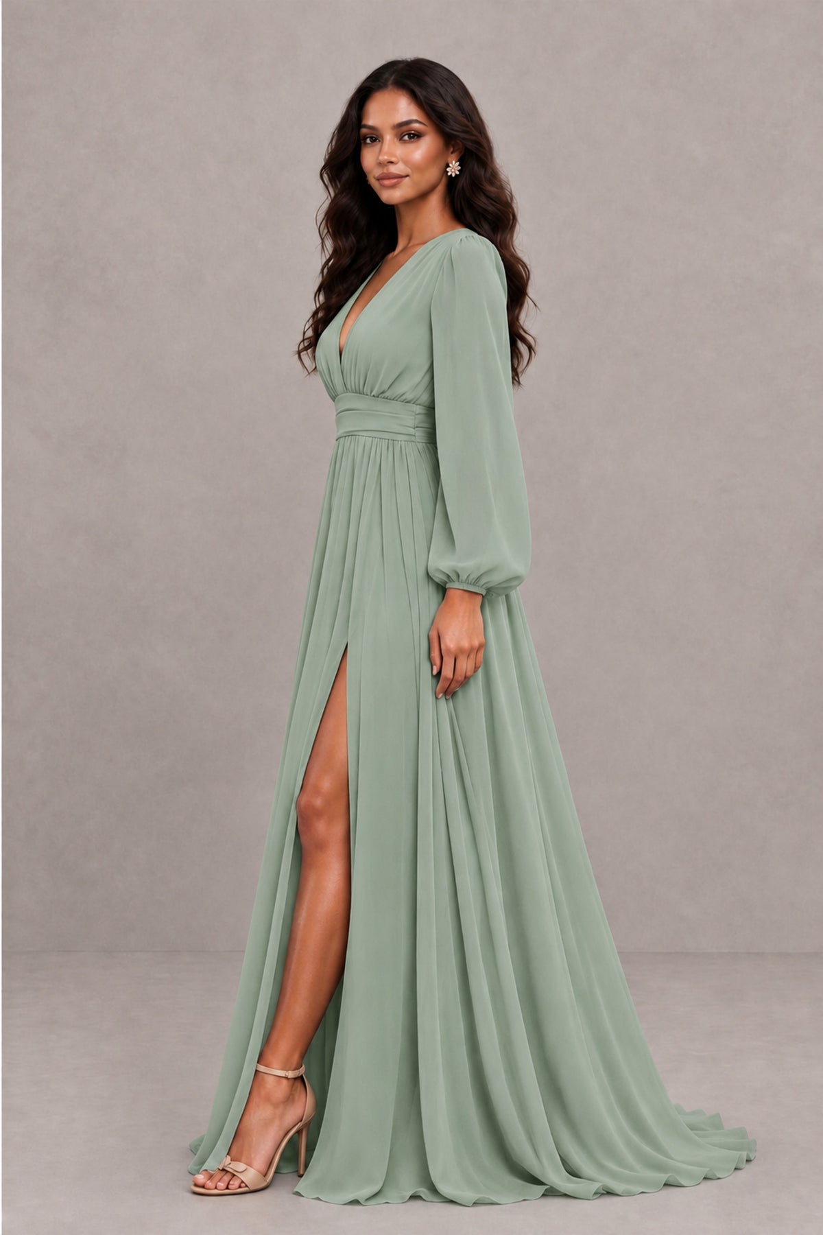 BOLODOO Dusty Sage Long Sleeve V-Neck A-Line Gown with Open Back & Slit - Dusty Sage - Dusty Sage_3