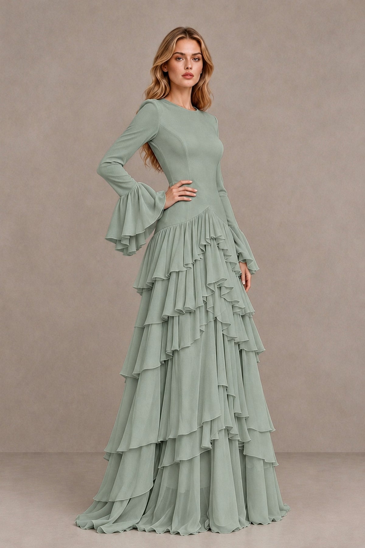 Dusty Sage Long Sleeve Tiered Ruffle Evening Gown - Dusty Sage - Dusty Sage_3