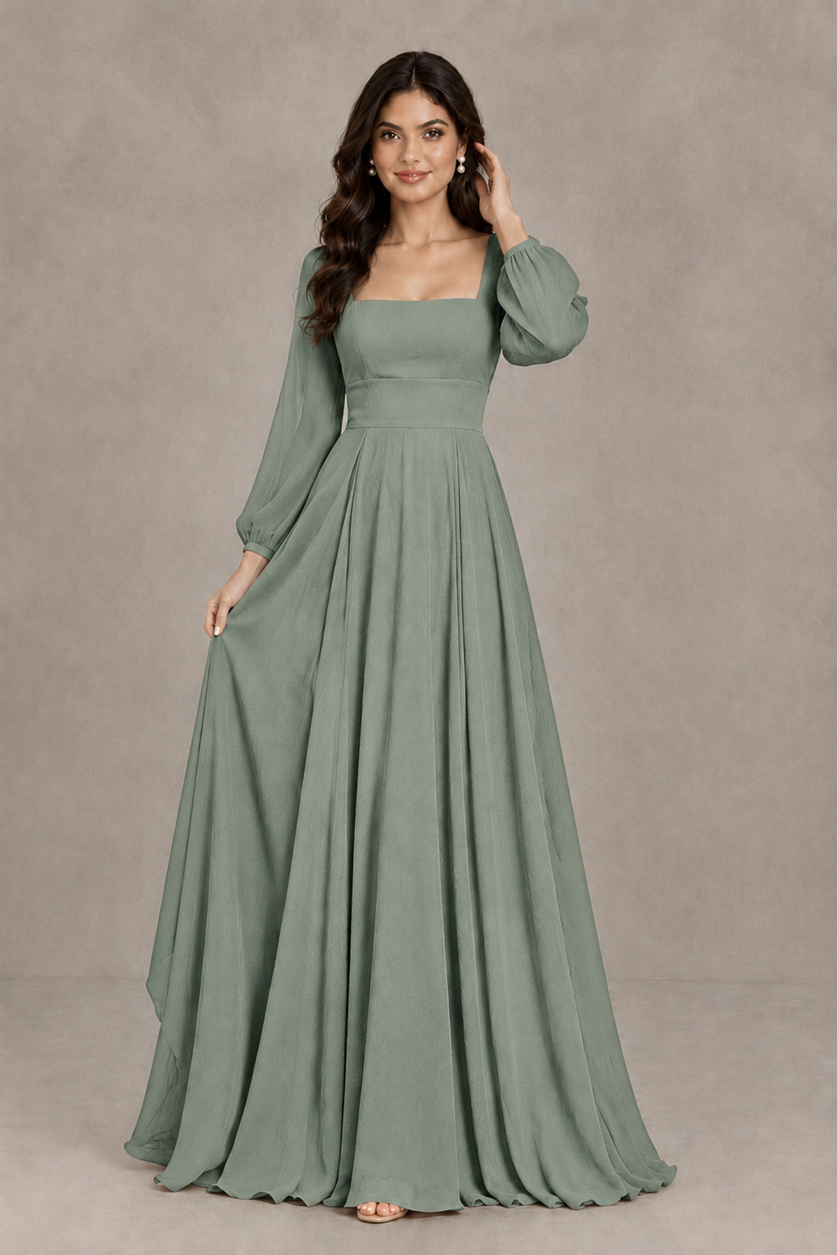 BOLODOO Dusty Sage Square Neck Long Sleeve A-Line Bridesmaid Dress - Dusty Sage - Dusty Sage_3