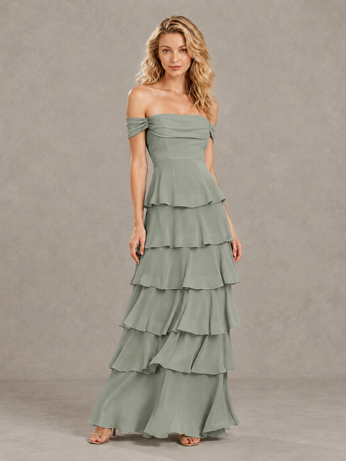 BOLODOO Dusty Sage Off-Shoulder Tiered Ruffle Bridesmaid Dress with Lace-Up Back - Dusty Sage - Dusty Sage_3