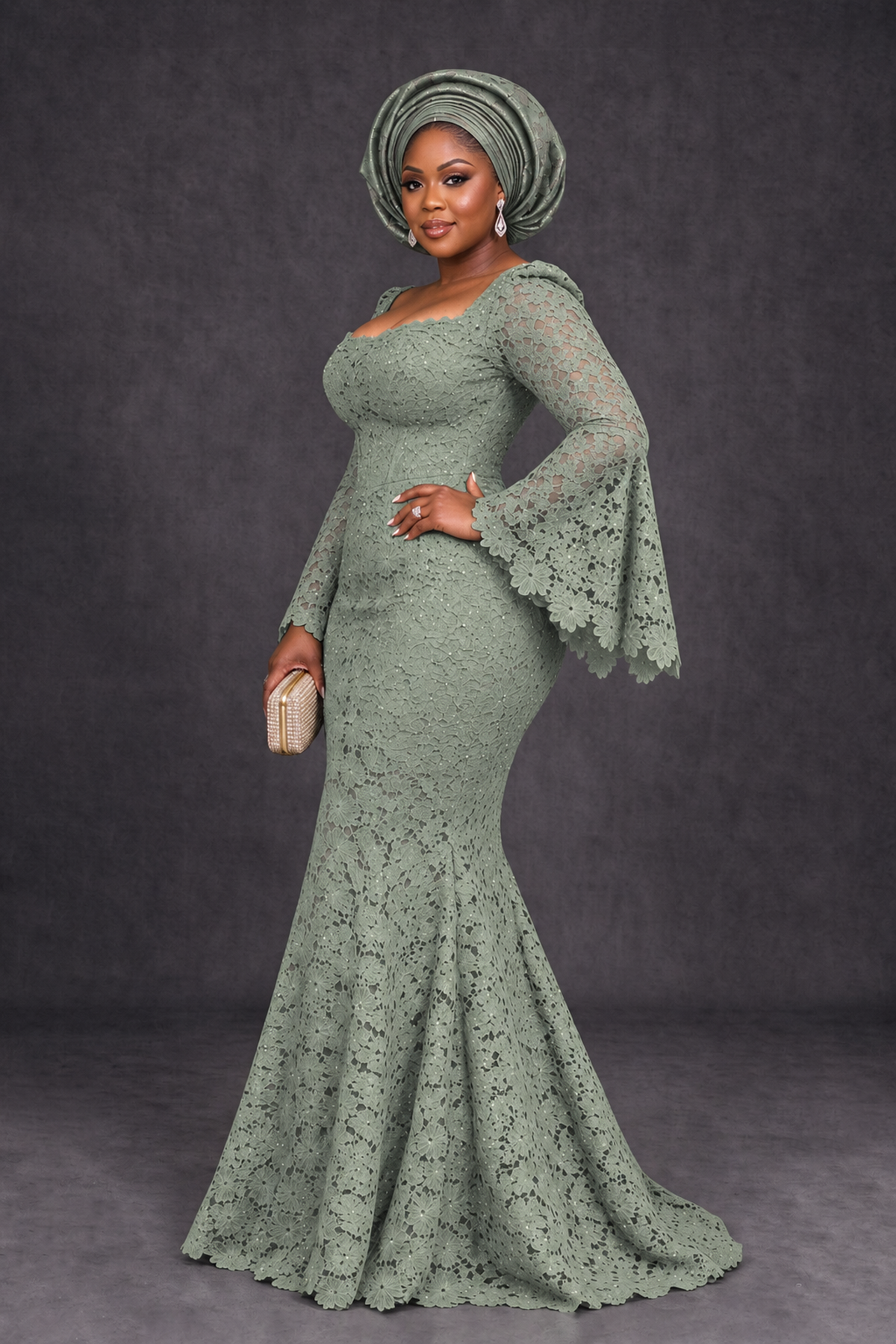 BOLODOO Dusty Sage African Lace Mermaid Dress, Plus Size Nigerian Wedding Guest Gown with Bell Sleeves - Dusty Sage - Dusty Sage_3