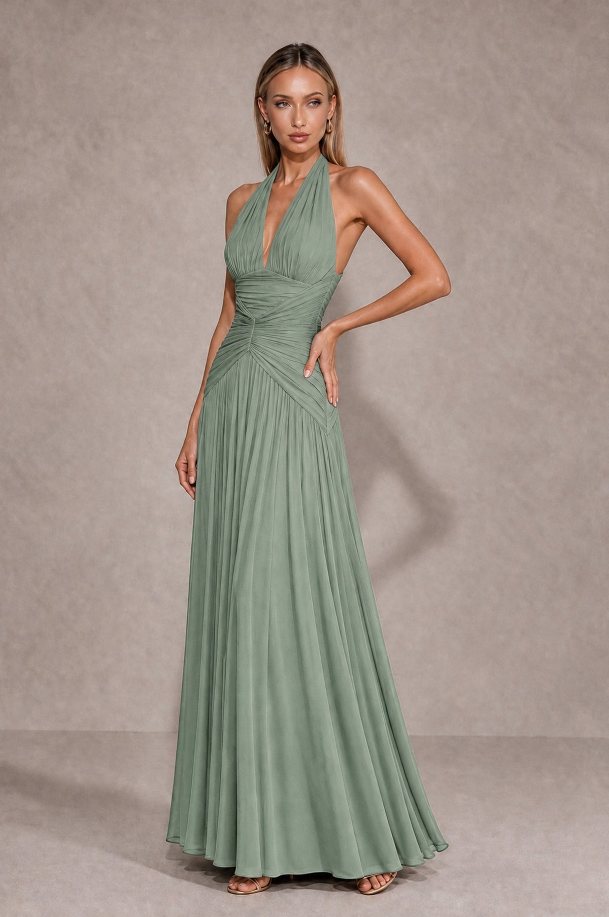 BOLODOO Dusty Sage Chiffon Halter Deep V-Neck Ruched A-Line Backless Maxi Dress with Train-BD0167 - Dusty Sage - Dusty Sage_3