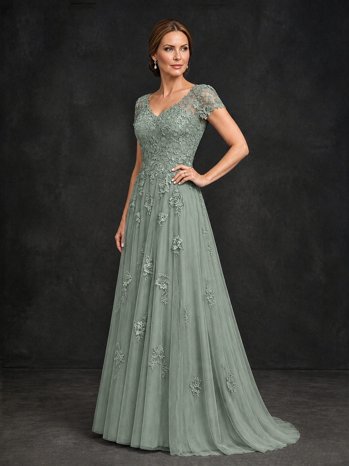 BOLODOO Dusty Sage Cap Sleeve Lace Appliqué A-Line Formal Gown | Mother of the Bride Dress - Dusty Sage - Dusty Sage_3