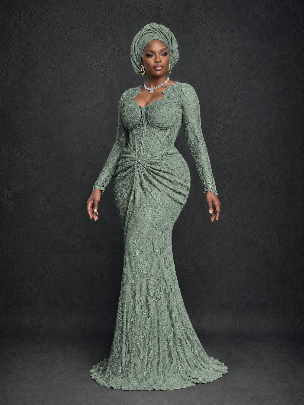 BOLODOO Dusty Sage Beaded Lace Long Sleeve Mermaid Gown Sweetheart | Mother of the Bride - Dusty Sage - Dusty Sage_3