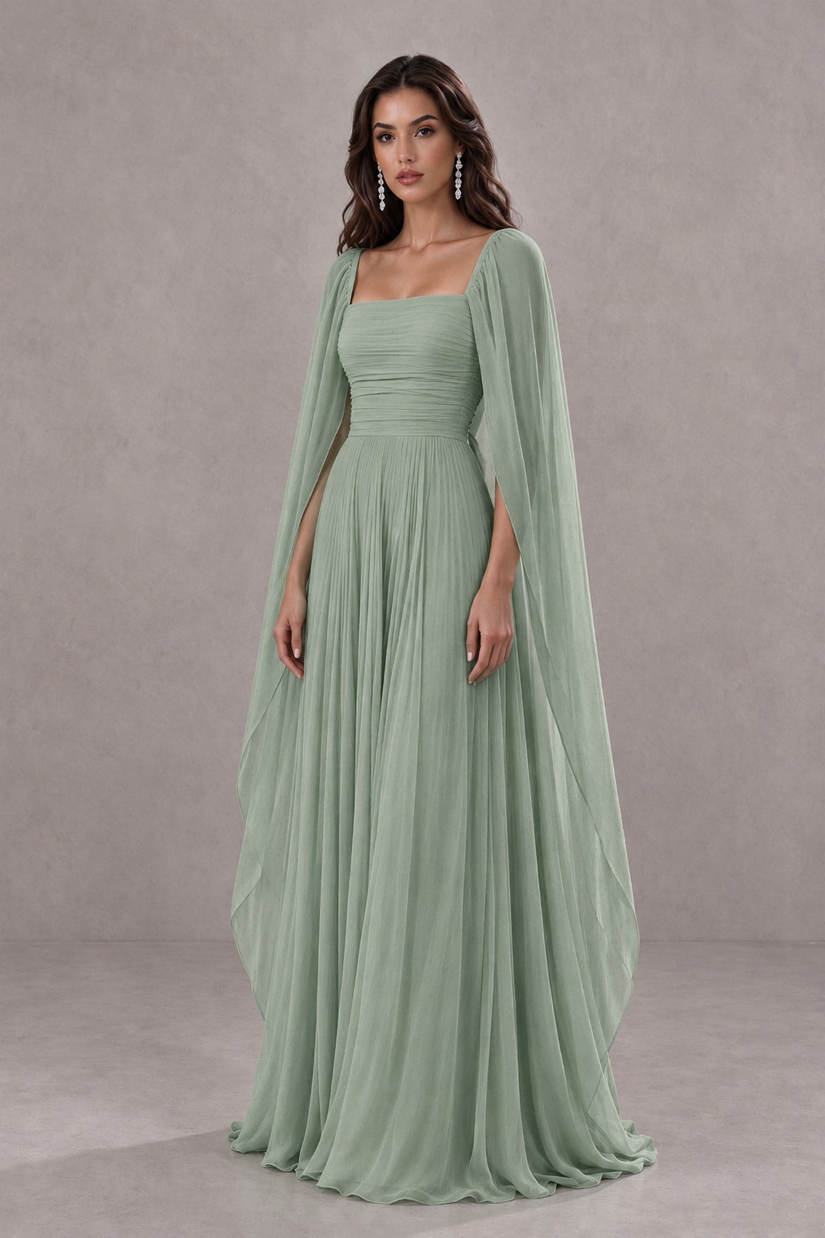 BOLODOO Dusty Sage Square Neck Cape Sleeve A-Line Evening Dress - Dusty Sage - Dusty_Sage_3