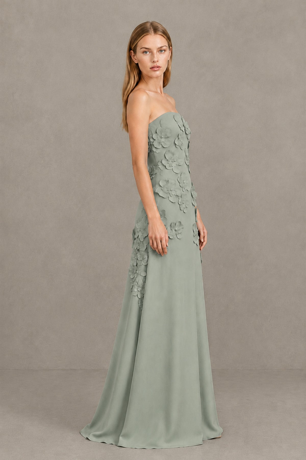 BOLODOO Dusty Sage Strapless 3D Floral Appliqué Crepe Maxi Gown - Dusty Sage - Dusty_Sage_3