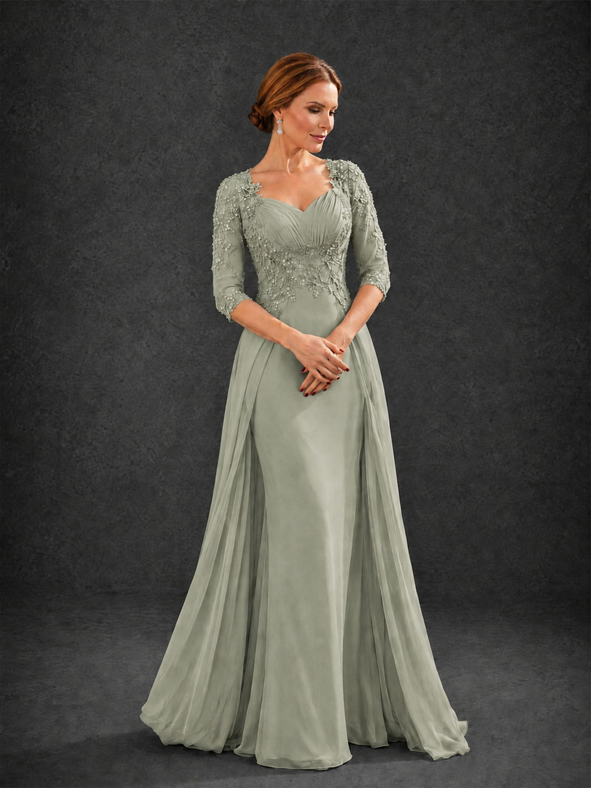 BOLODOO Dusty Sage Sweetheart Neck 3/4 Sleeve Floral Lace Illusion Bodice Chiffon A-Line Gown - Dusty Sage - Dusty Sage_3