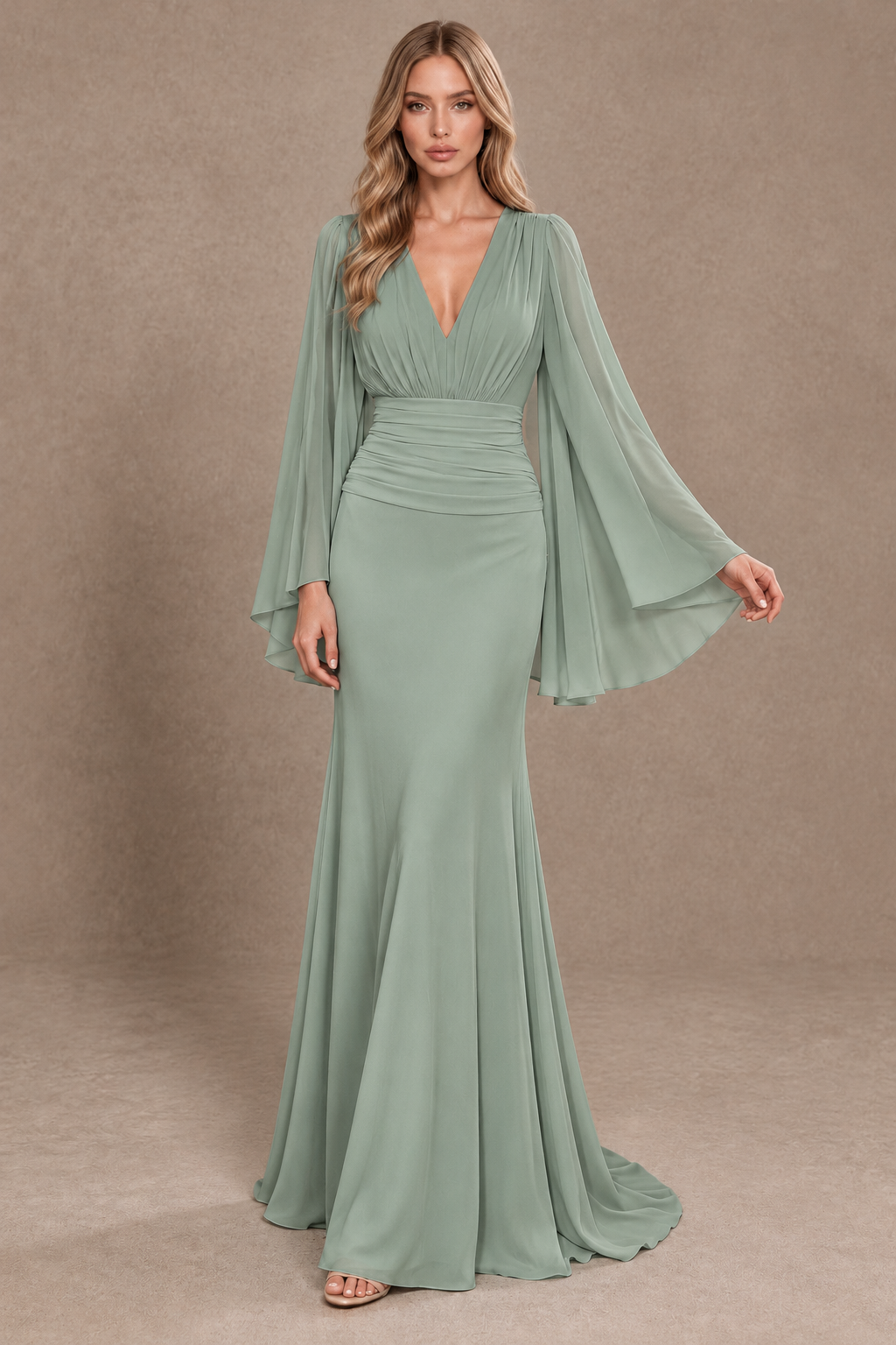 BOLODOO Dusty Sage Cape Sleeve V-Neck Ruched Chiffon Evening Dress - Dusty Sage - Dusty Sage_3