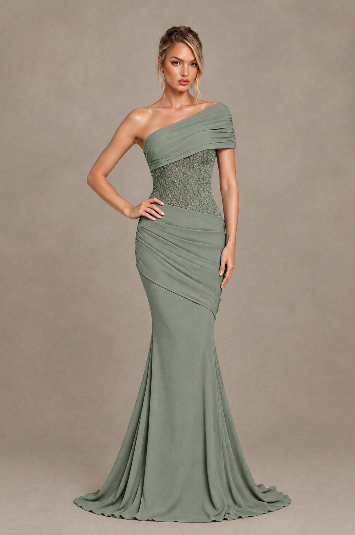 BOLODOO Dusty Sage One-Shoulder Sequin Embroidered Ruched Mermaid Gown with Train - Dusty Sage - Dusty Sage_3