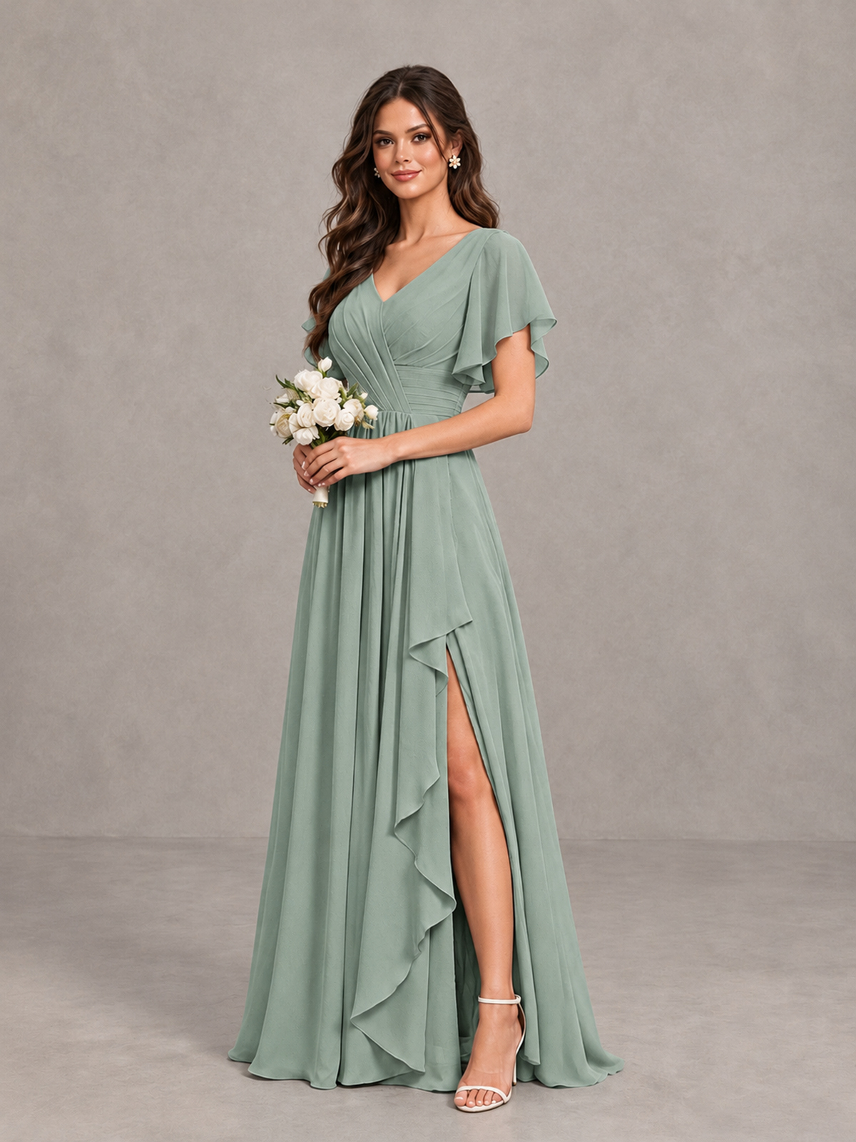 BOLODOO Dusty Sage Flutter Sleeve V-Neck Bridesmaid Dress with Ruffle Slit - Dusty Sage - Dusty Sage_3