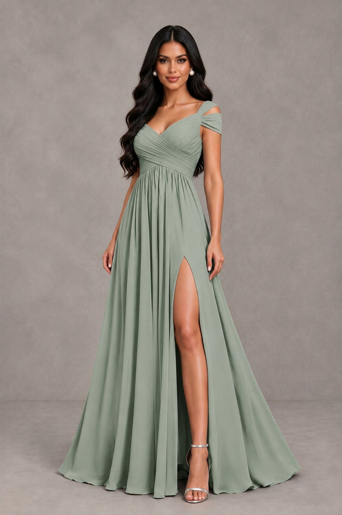BOLODOO Dusty Sage Cold Shoulder Chiffon Evening Dress with V Neck and High Slit - Dusty Sage - Dusty Sage_3
