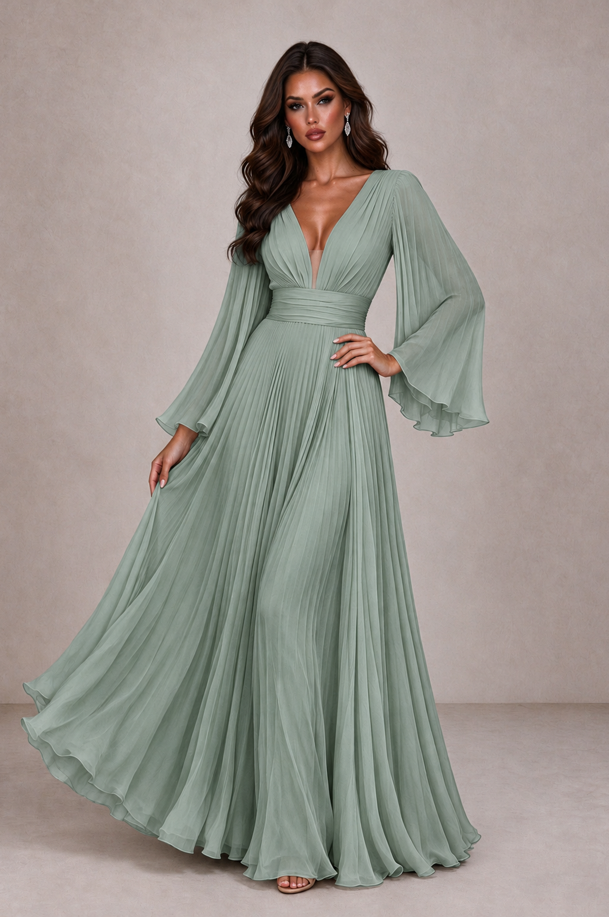 BOLODOO Dusty Sage Pleated Deep V-Neck Long Bell Sleeve Evening Dress - Dusty Sage - Dusty_Sage_3
