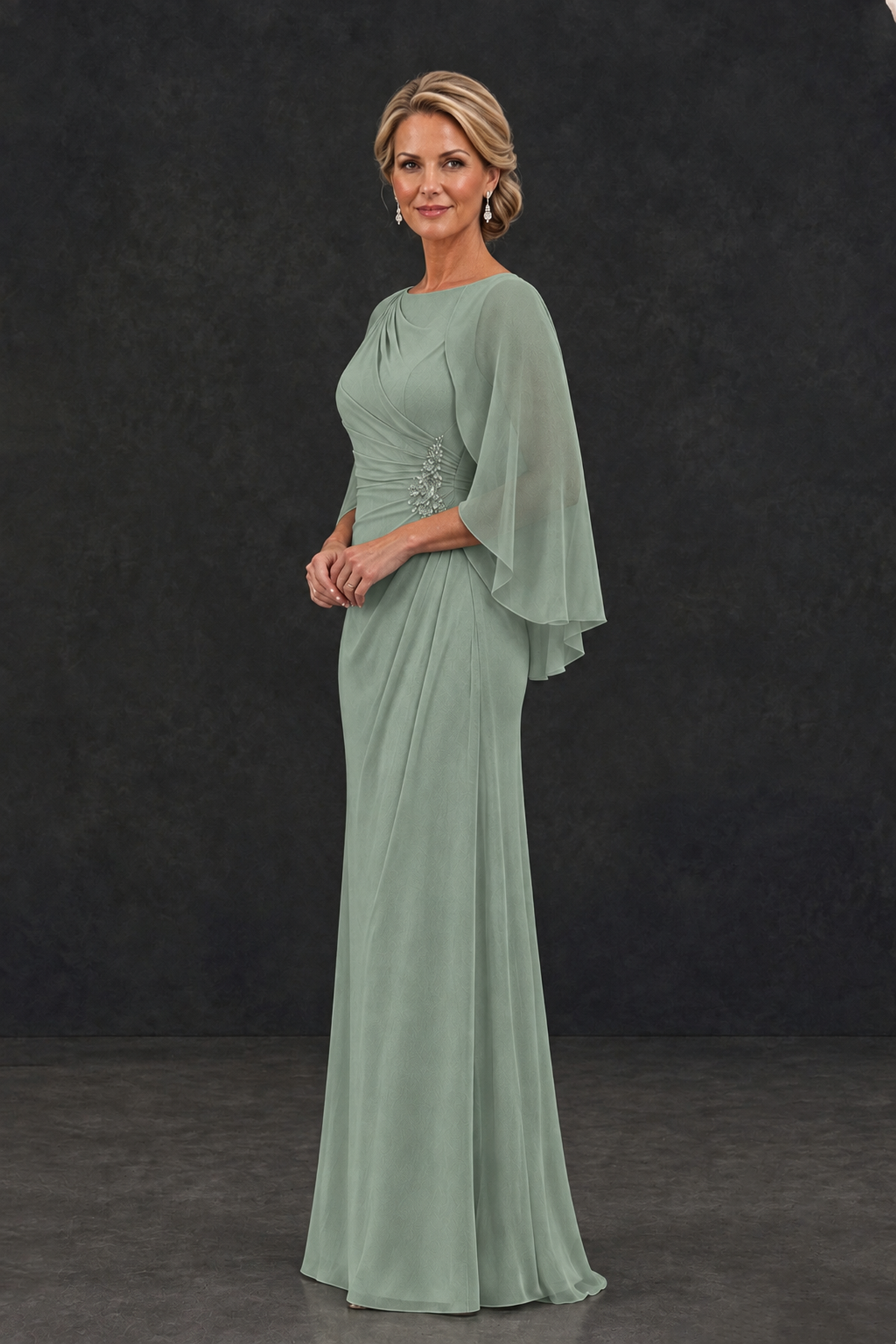 BOLODOO Dusty Sage Cape Sleeve Mother of the Bride Dress with Ruched Waist - Dusty Sage - Dusty Sage_3