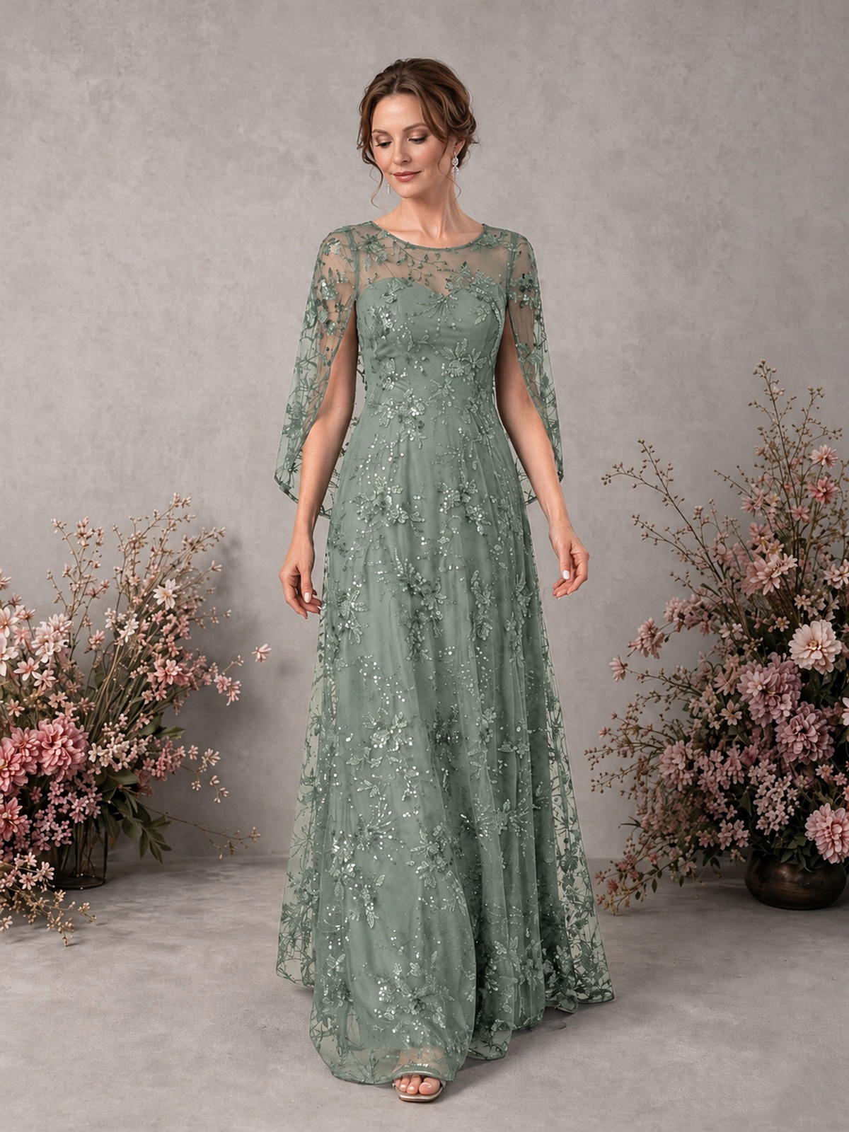 BOLODOO Dusty Sage Sequin Lace Cape Sleeve Formal Evening Gown - Dusty Sage - Dusty Sage_3