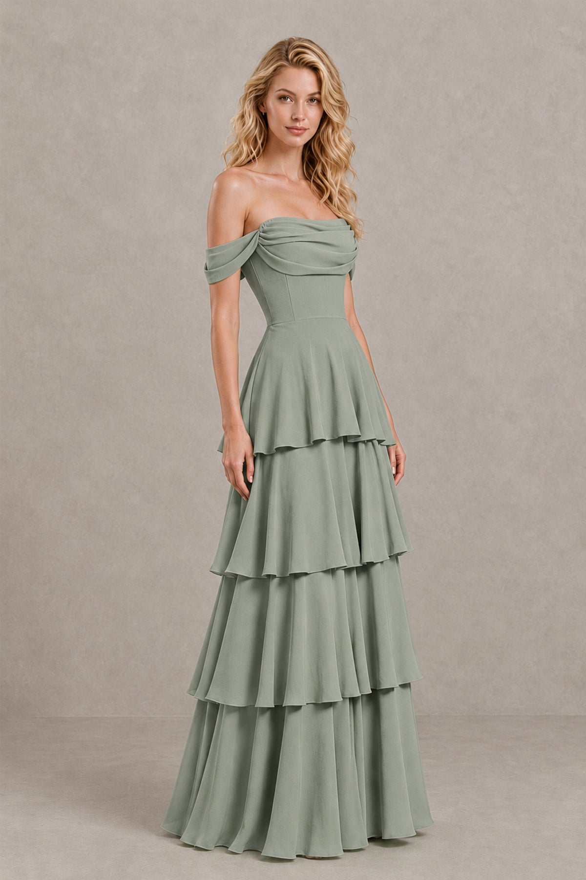 BOLODOO Dusty Sage Off-the-Shoulder Tiered A-Line Evening Bridesmaid Dress - Dusty Sage - Dusty Sage_3