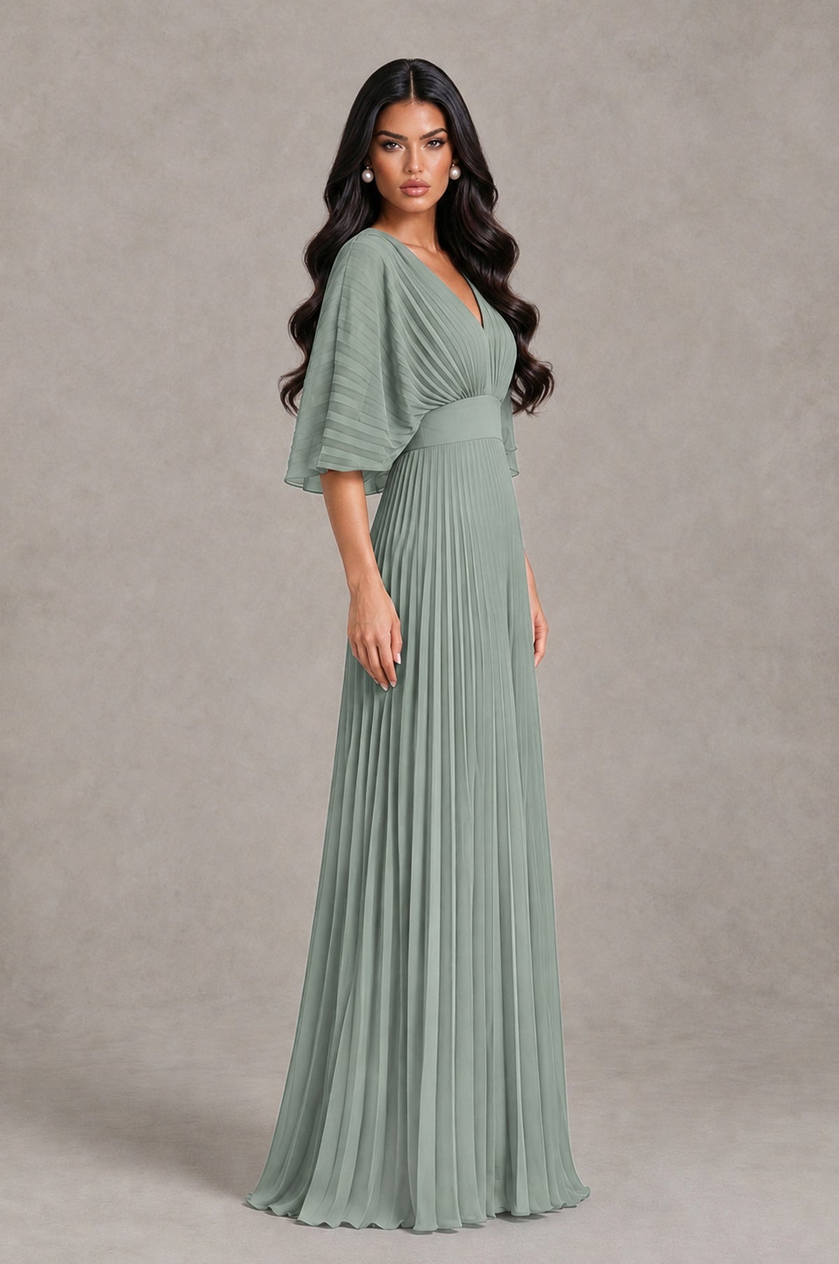 BOLODOO Dusty Sage V-Neck Pleated Flutter Sleeve Formal Dress - Dusty Sage - Dusty Sage_3