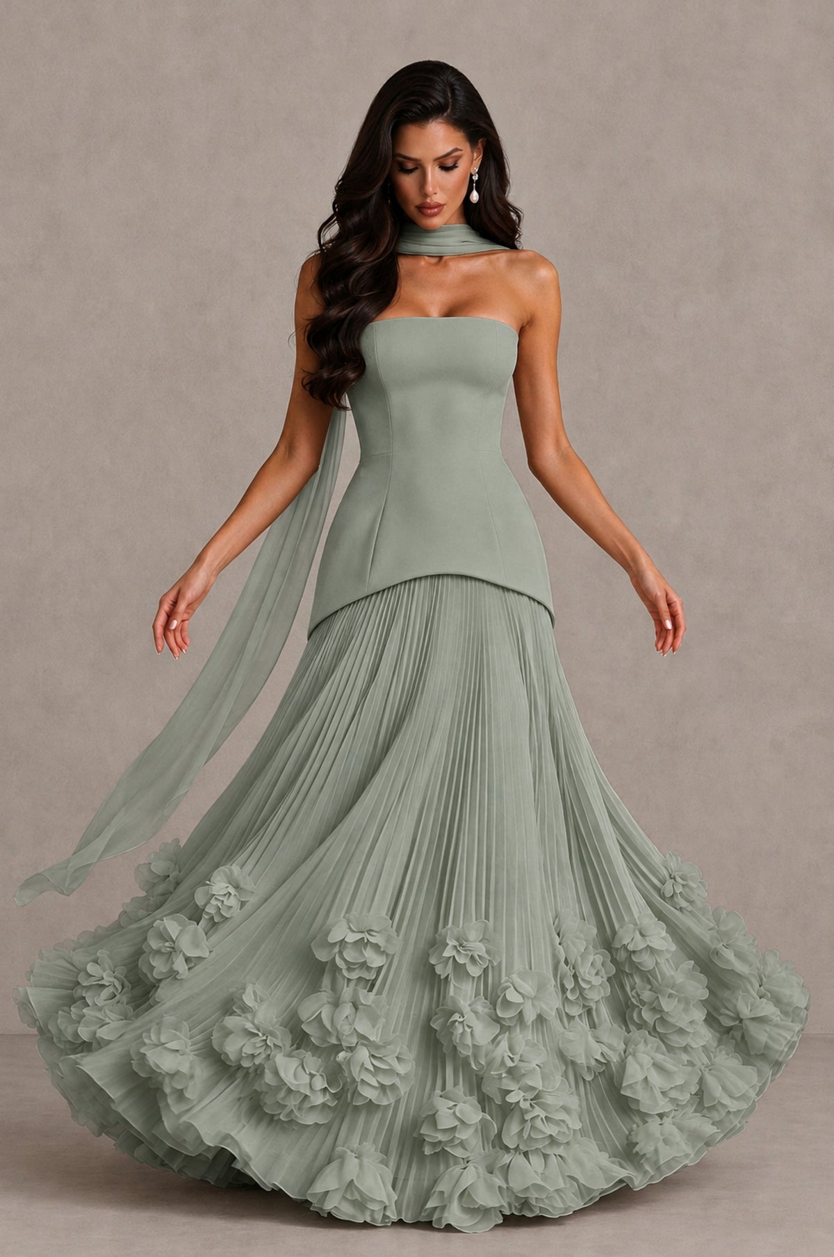 BOLODOO Dusty Sage Strapless Pleated Floral Hem Evening Gown - Dusty Sage - Dusty Sage_3