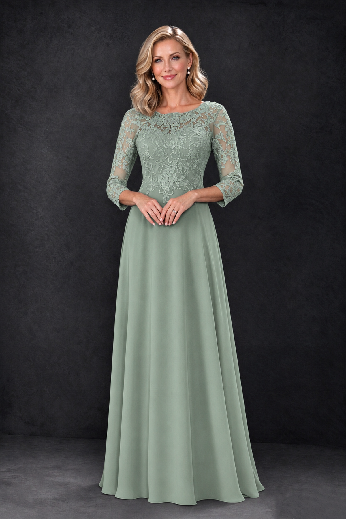 BOLODOO Dusty Sage Lace Embroidered Mother of the Bride Dress with 3/4 Sleeves - Dusty Sage - Dusty Sage_3