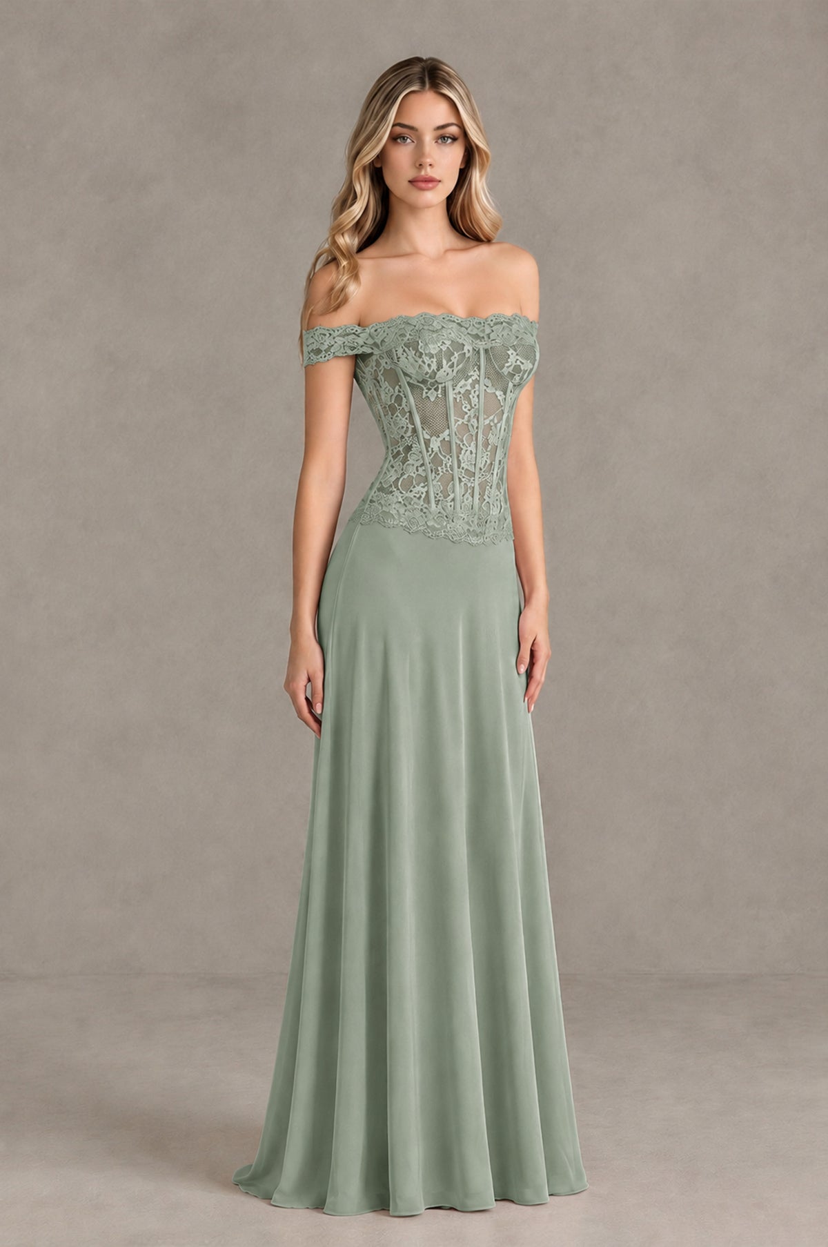 BOLODOO Dusty Sage Off Shoulder Lace Corset Wedding Guest Dress - Dusty Sage - Dusty Sage_3