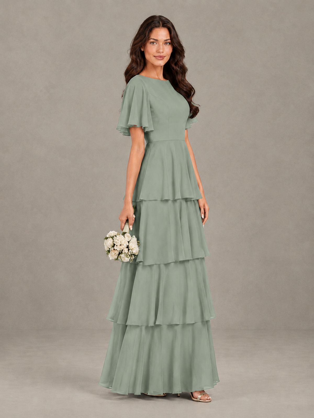 BOLODOO Dusty Sage Tiered Flutter Sleeve Bridesmaid Dress - Dusty Sage - Dusty Sage_3