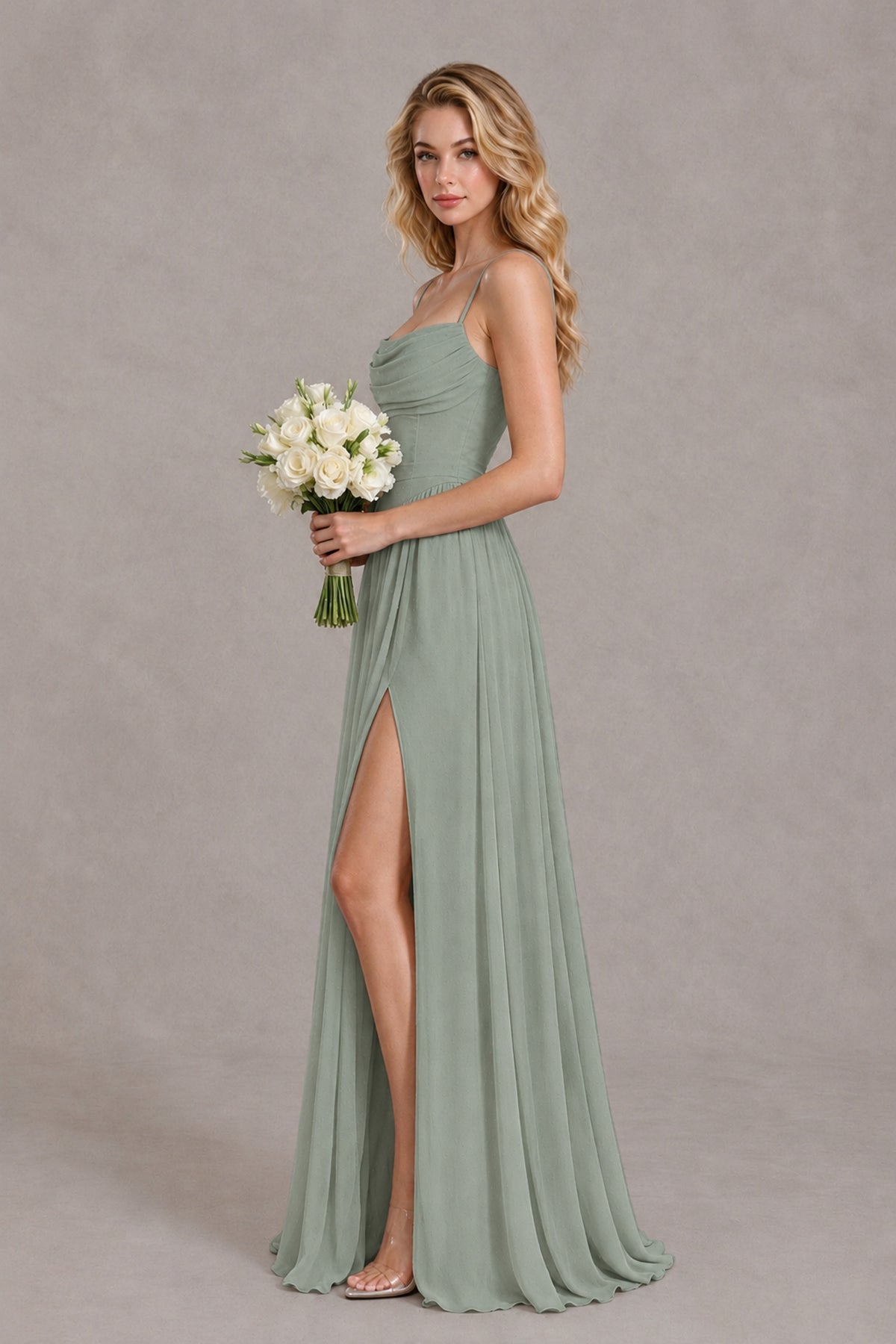 BOLODOO Dusty Sage Spaghetti Strap A-Line Bridesmaid Dress with Slit - Dusty Sage - Dusty Sage_3