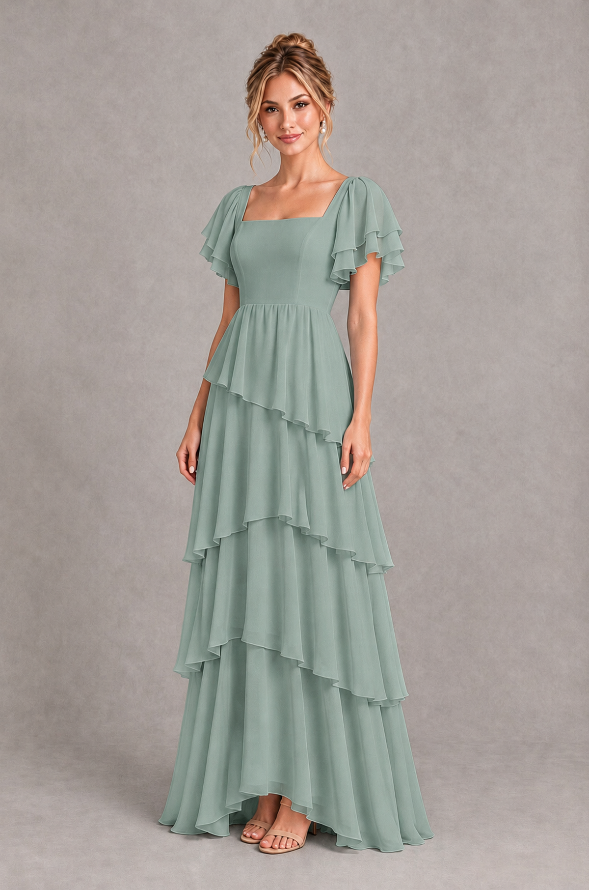BOLODOO Dusty Sage Square Neck Flutter Sleeve Tiered Chiffon Bridesmaid Dress with Lace-Up Back - Dusty Sage - Dusty Sage_3