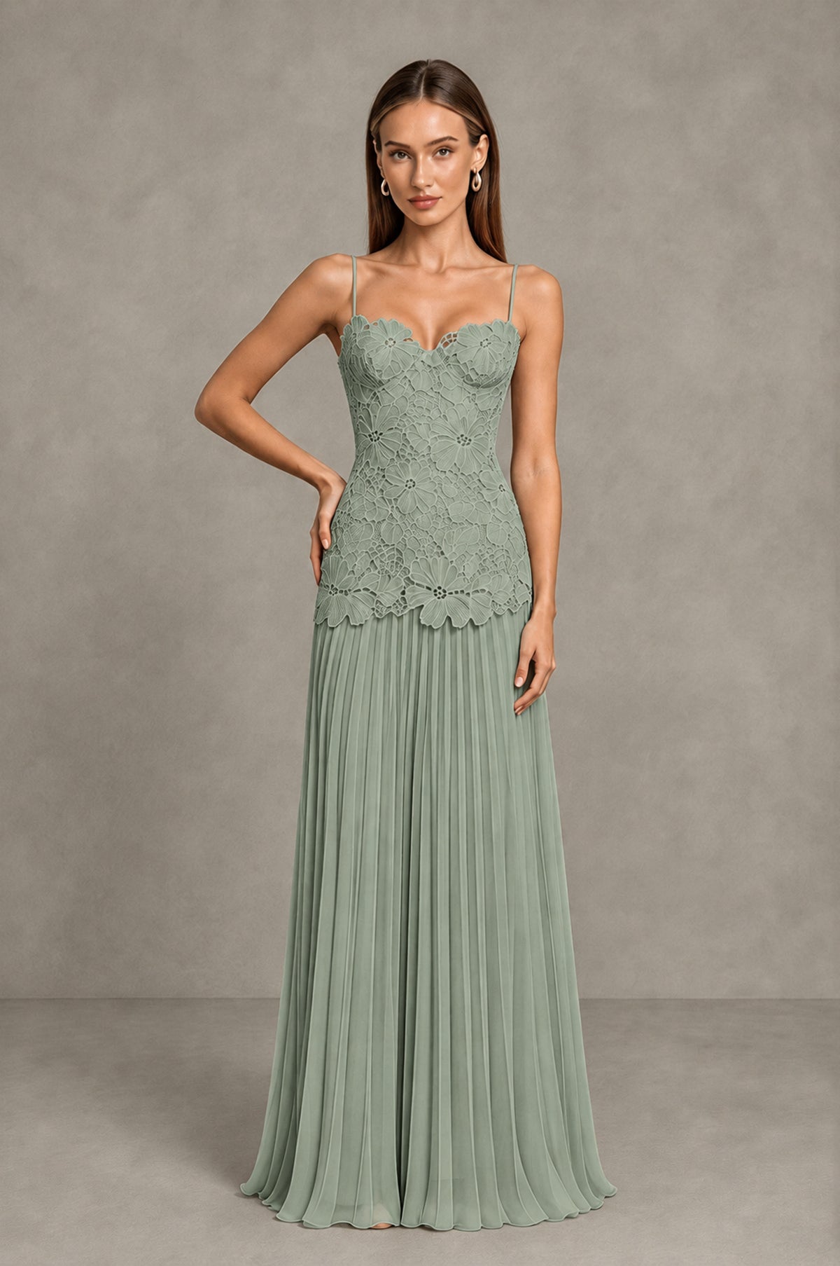 BOLODOO Dusty Sage Lace Bodice Pleated Wedding Guest Dress - Dusty Sage - Dusty Sage_3
