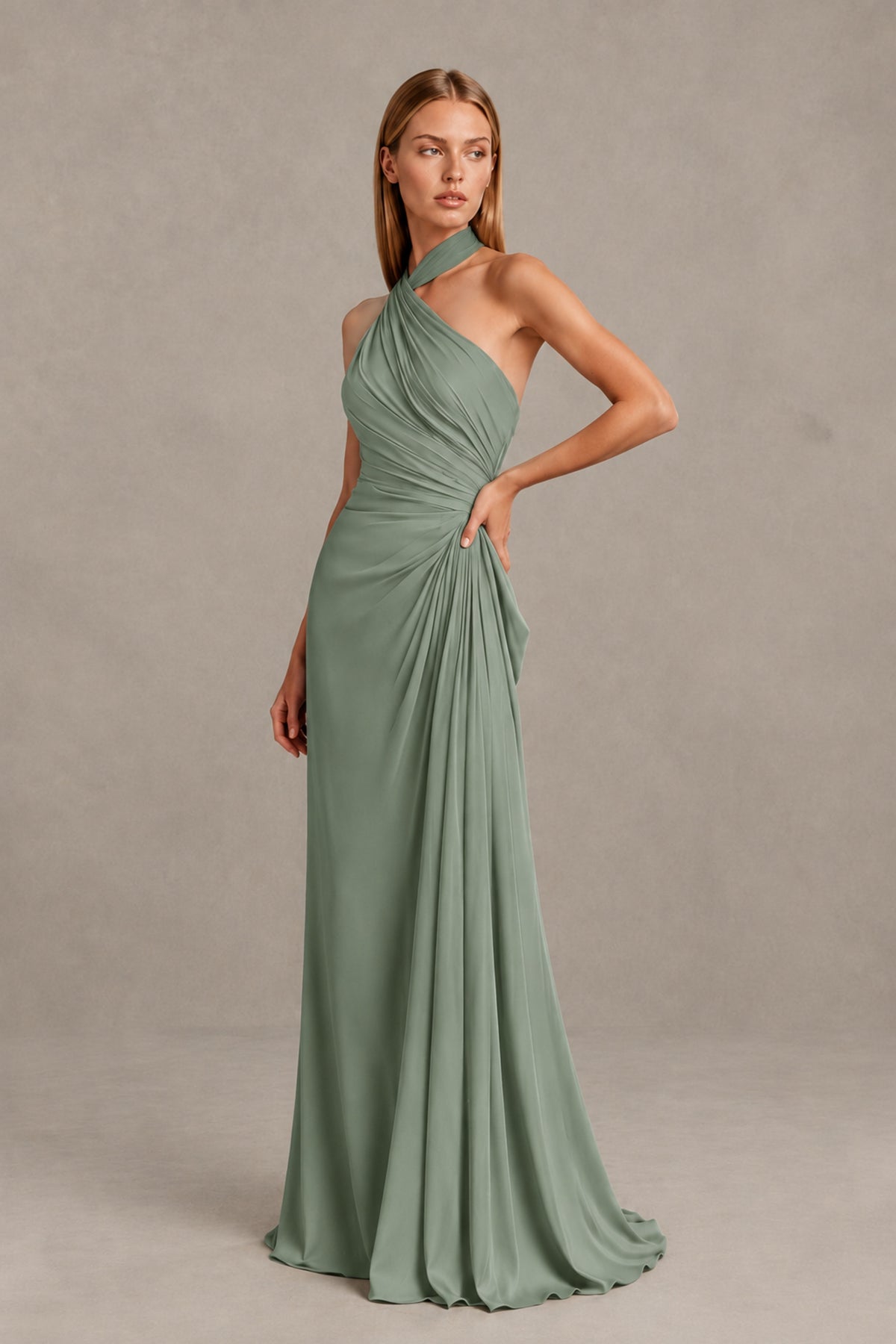 BOLODOO Dusty Sage Twisted Halter Neck Ruched Sleeveless Open Back Floor-Length Gown - Dusty Sage - Dusty_Sage_3